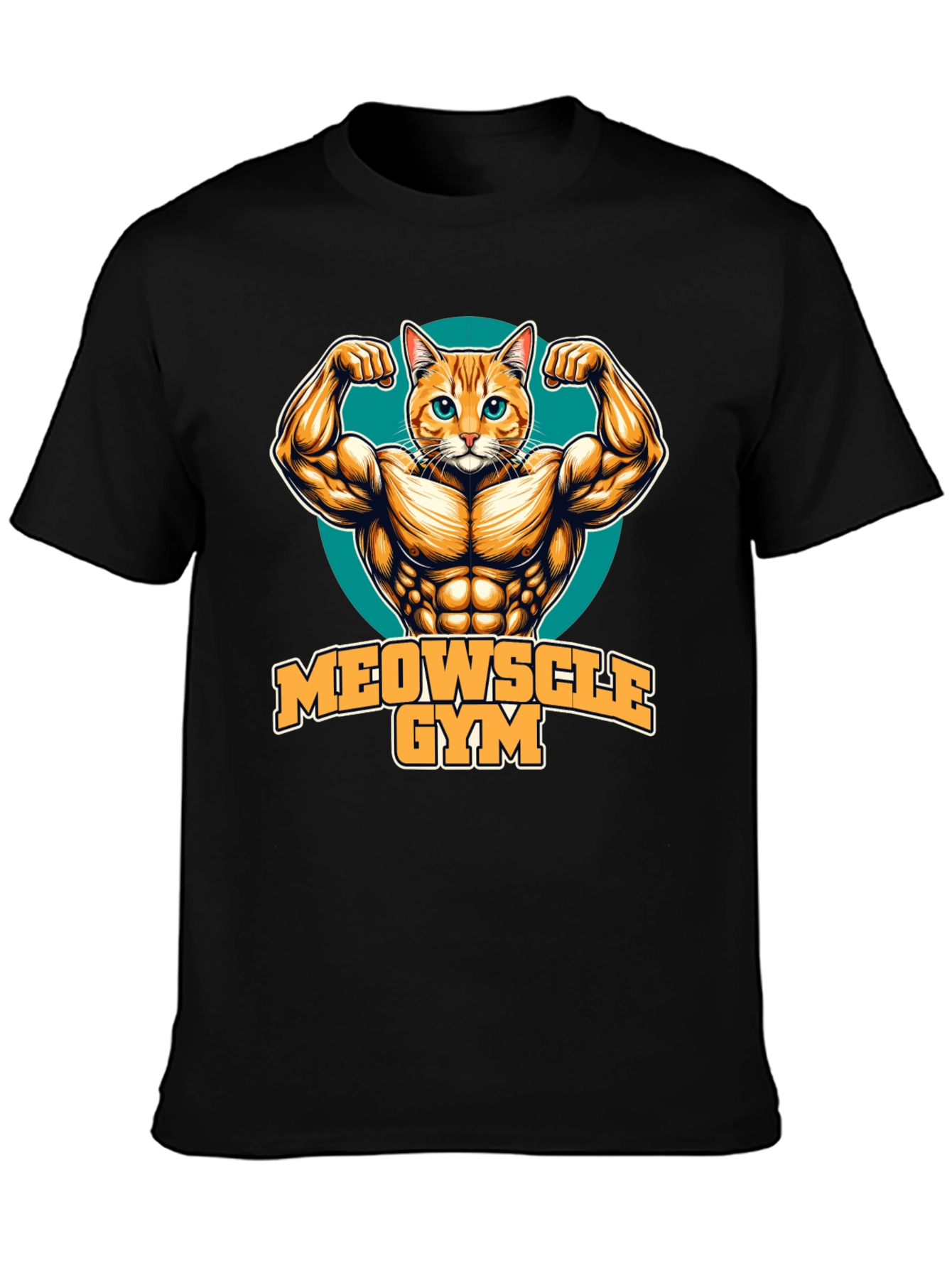 Black Meowscle Gym Black T-Shirt - Muscle Cat Design view 3