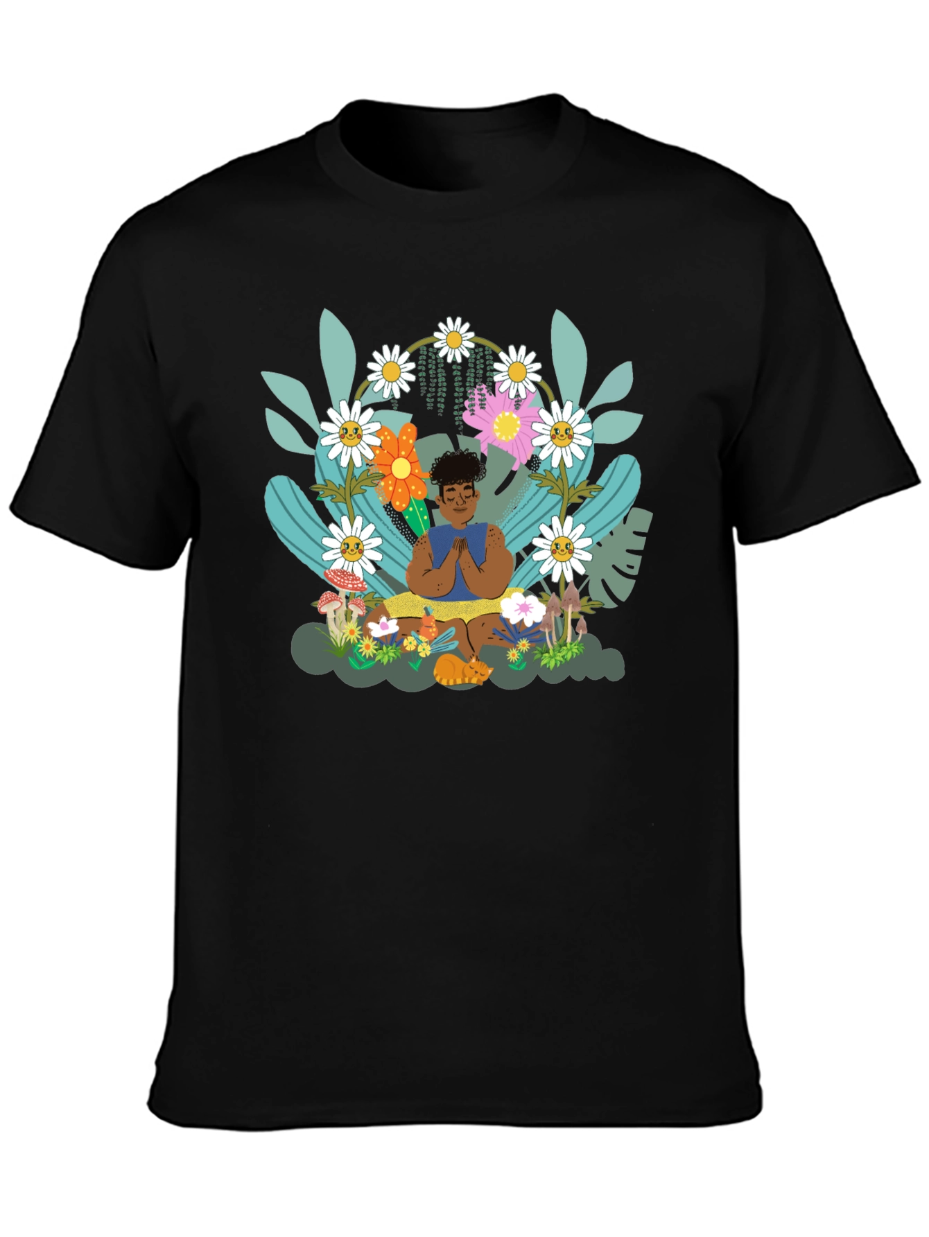 Black Zen Garden T-Shirt - Meditating Figure with Floral Design view 3