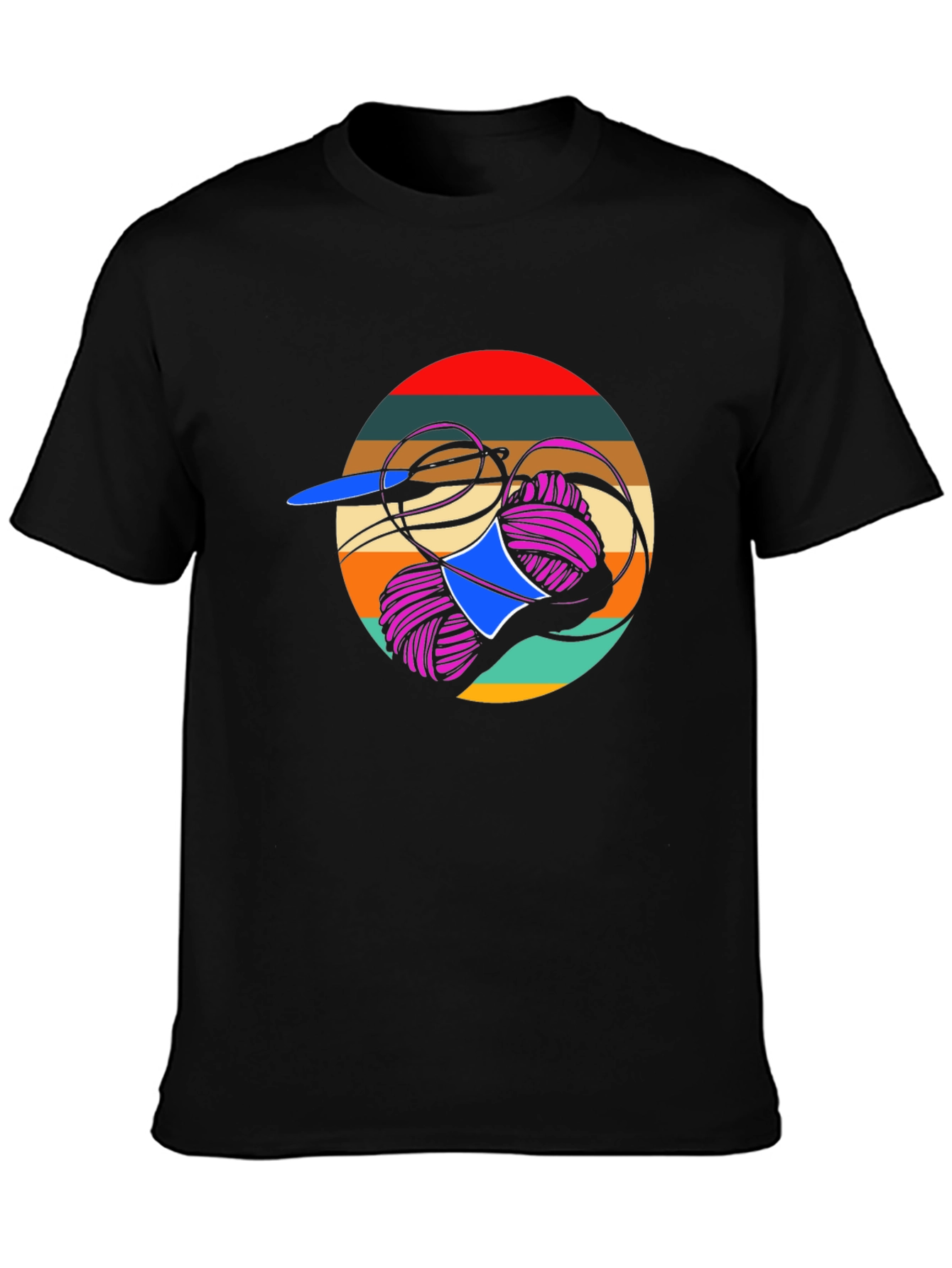 Black Retro Crochet T-Shirt Yarn Needle Knit Design view 3