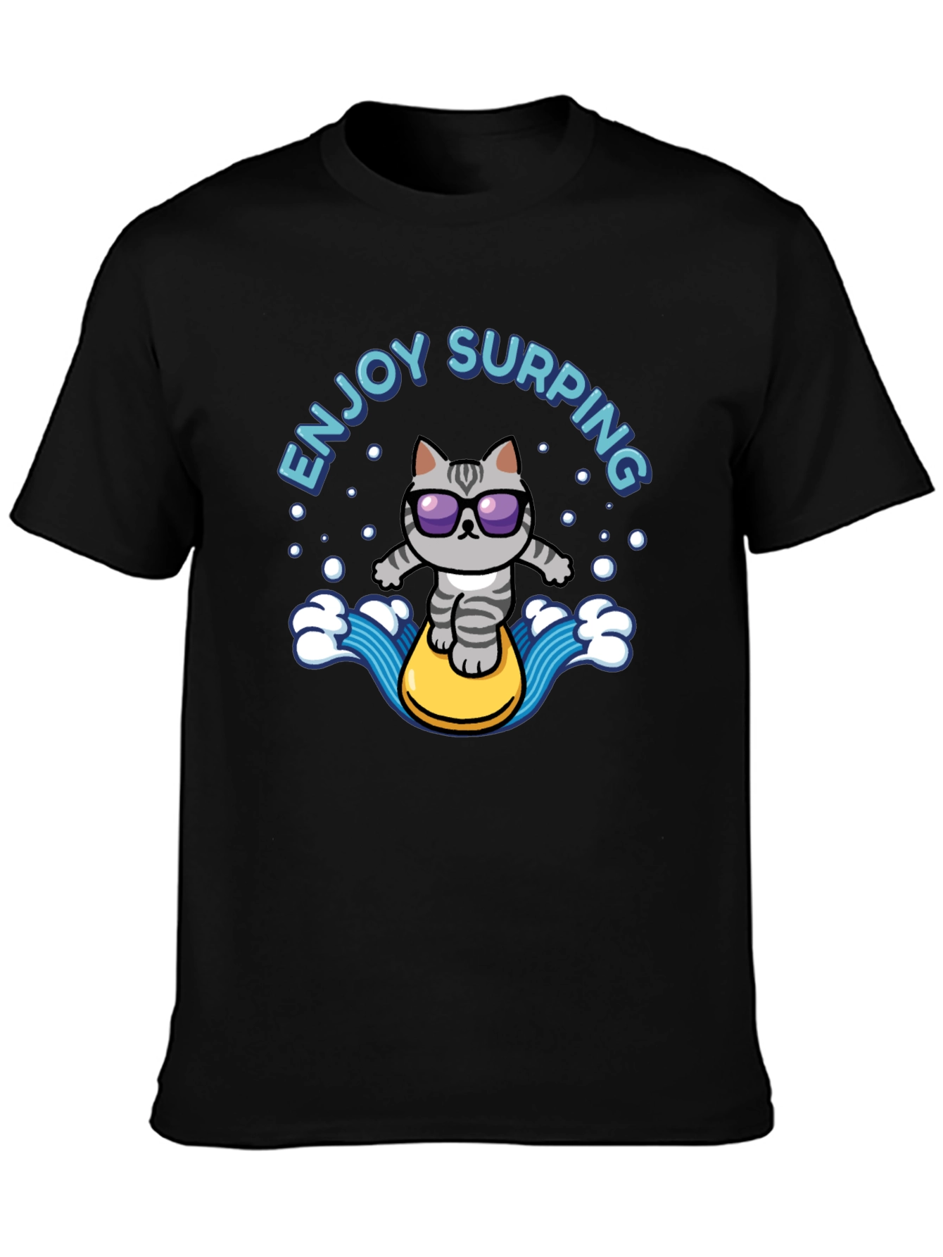 Black Enjoy Surfing Cat T-Shirt - Cool Black Tee view 3