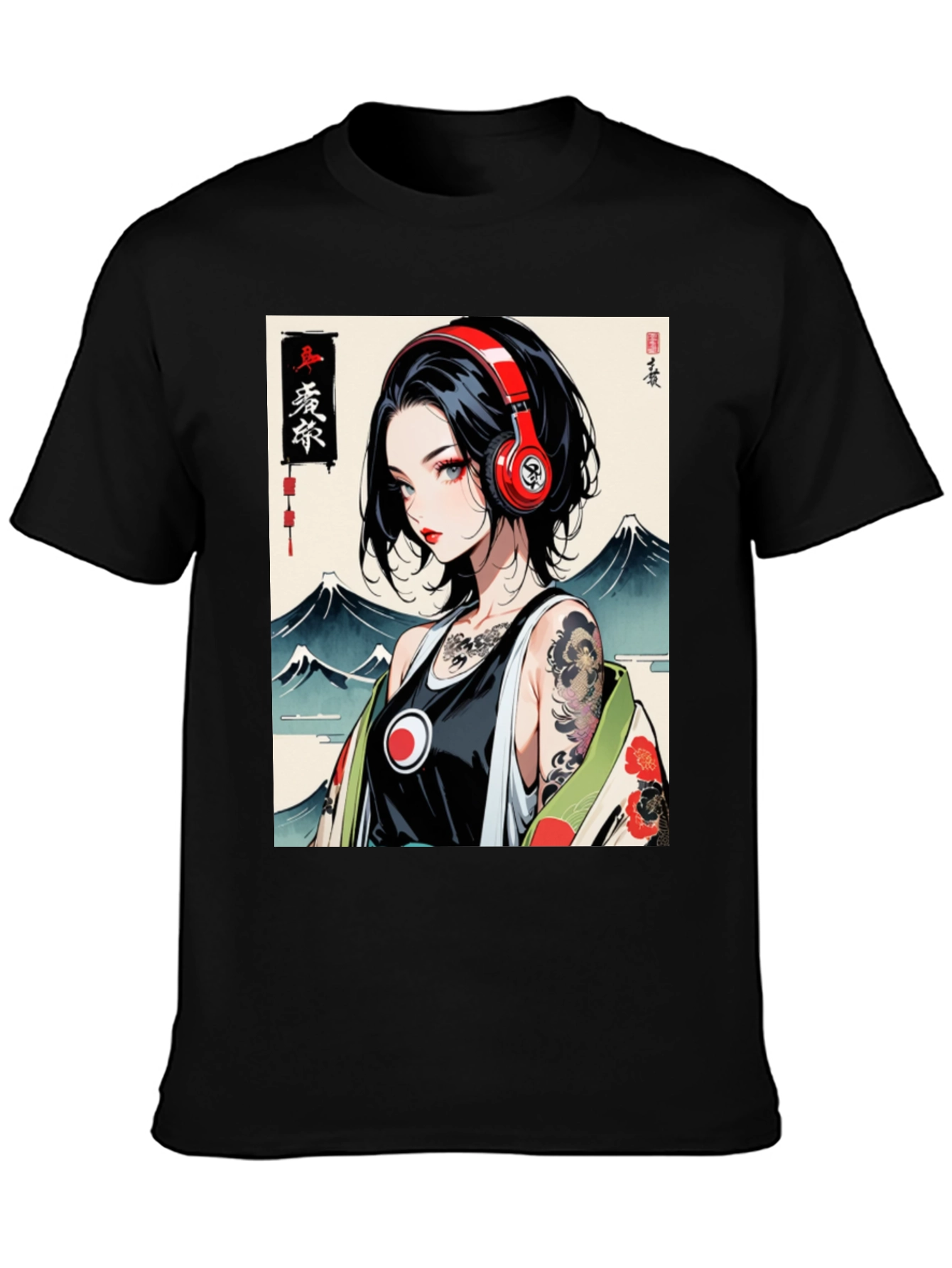 Black Anime Girl Headphones Graphic Black T-Shirt view 3
