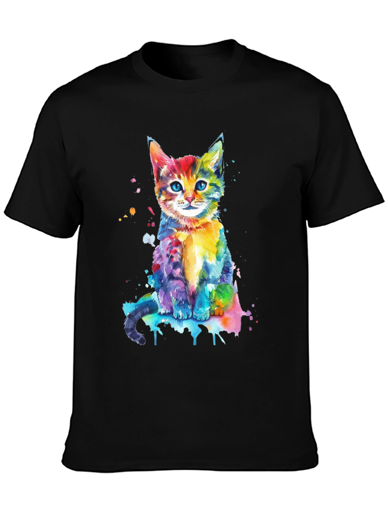 Black Watercolor Cat Graphic Tee - Vibrant Colorful Kitten Shirt view 3