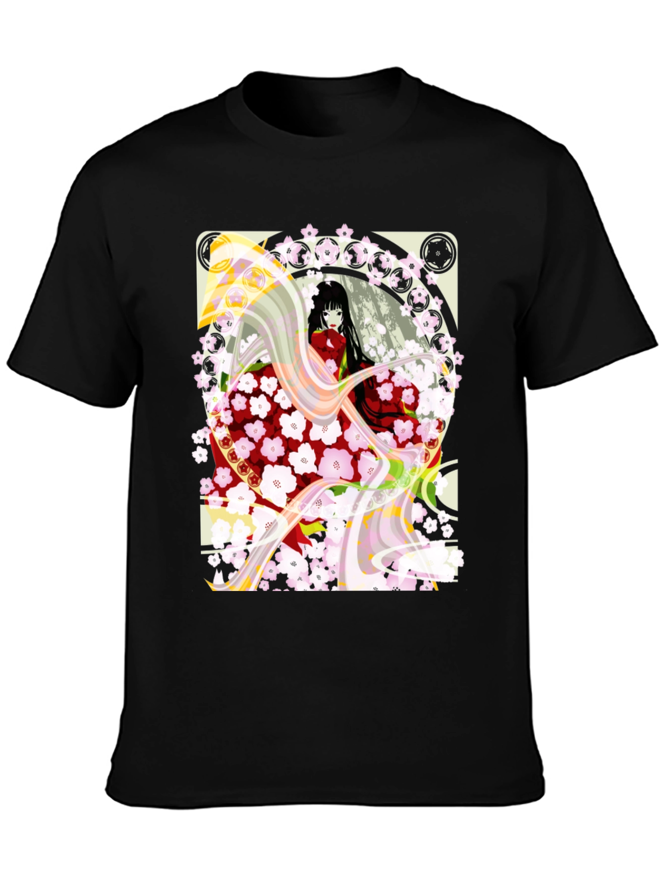 Anime Girl Cherry Blossom Black T-Shirt - 3