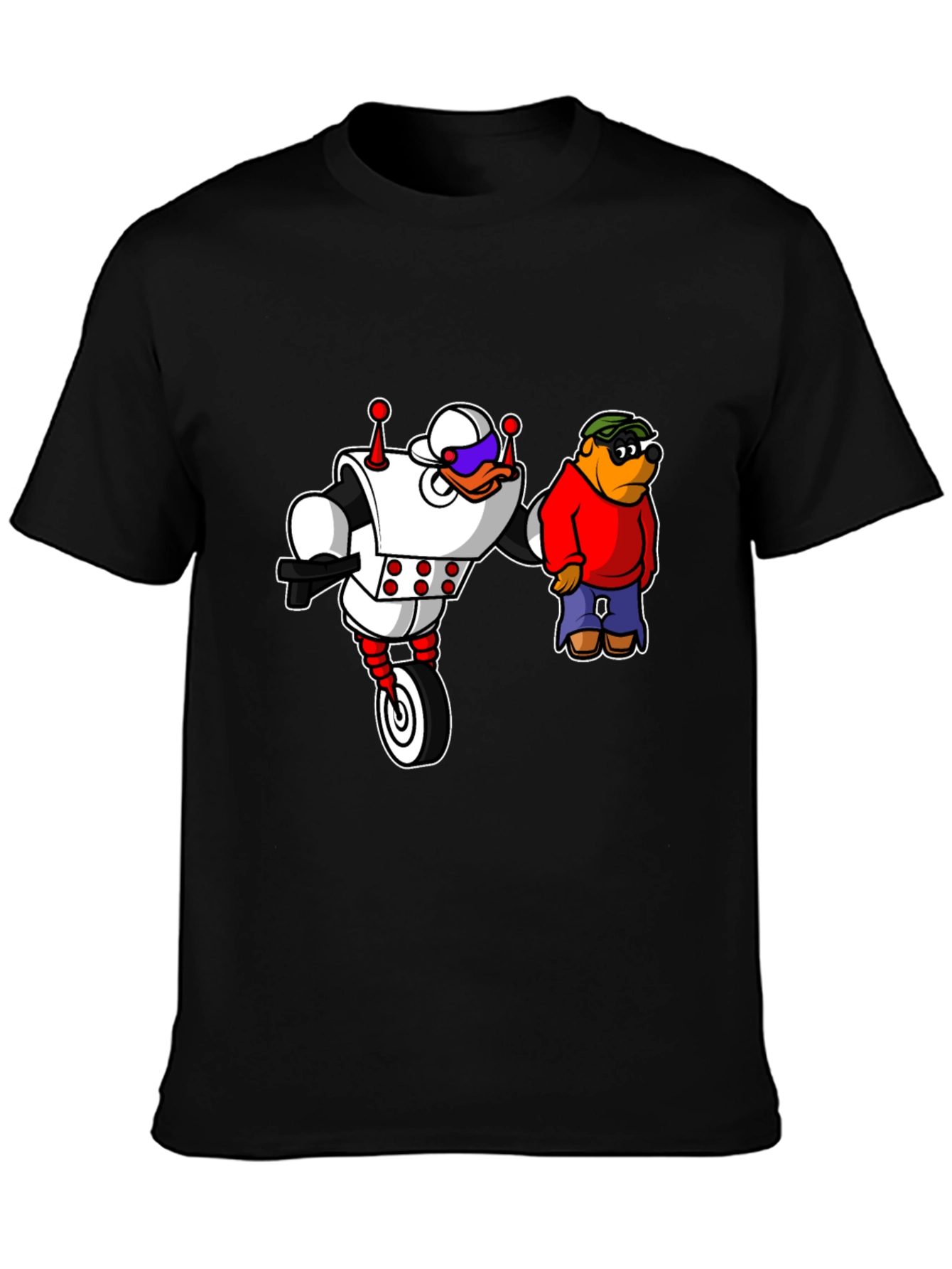Black Robot Duck and Cartoon Bear Graphic T-Shirt view 3