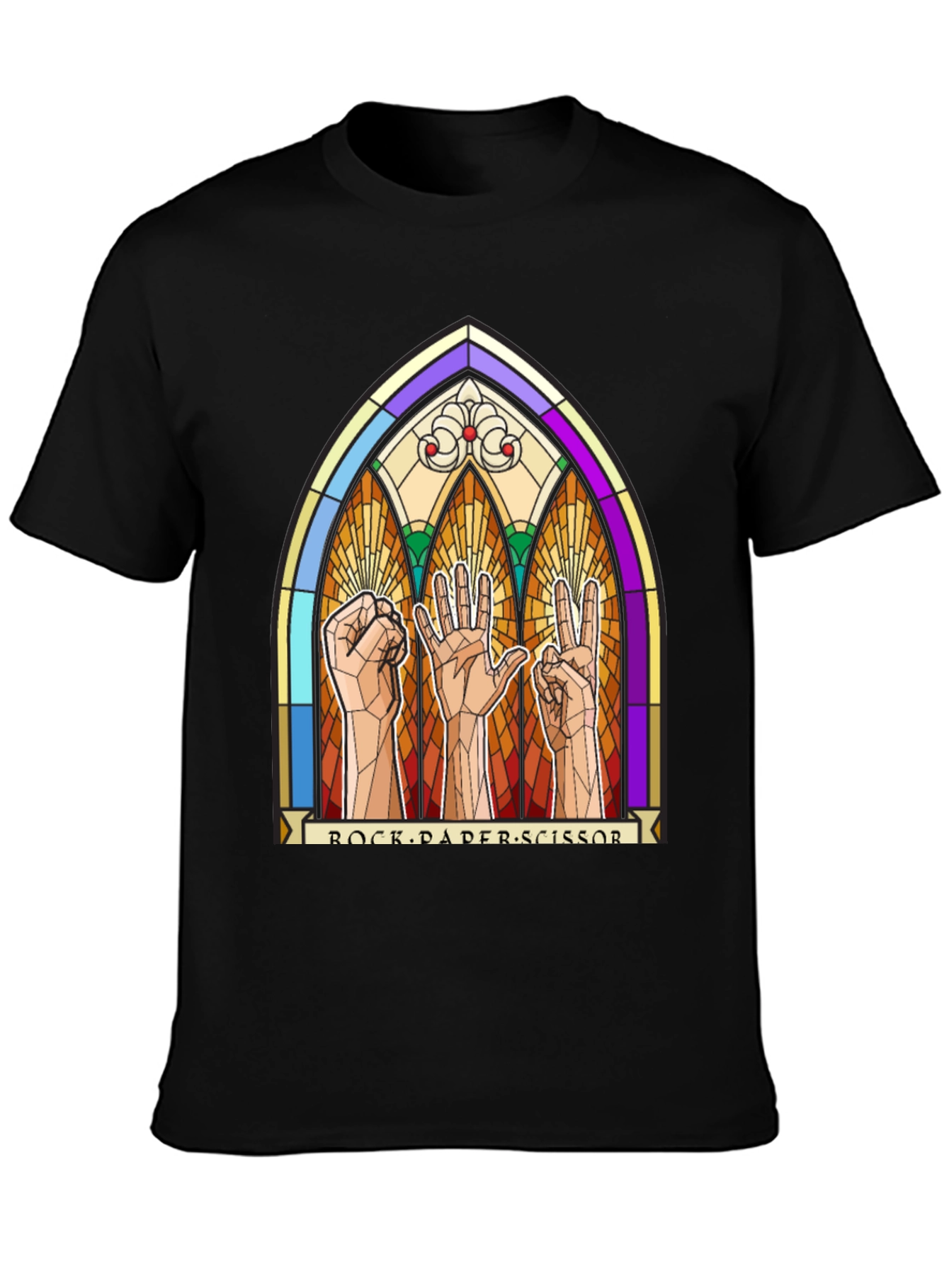 Black Rock Paper Scissors Stained Glass Graphic T-Shirt view 3
