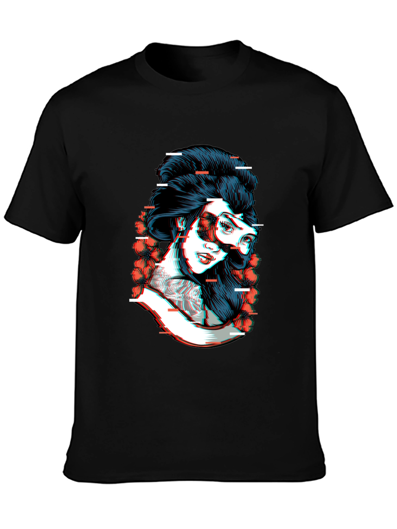 Black Glitch Geisha Graphic Tee - Black Cotton T-Shirt view 3