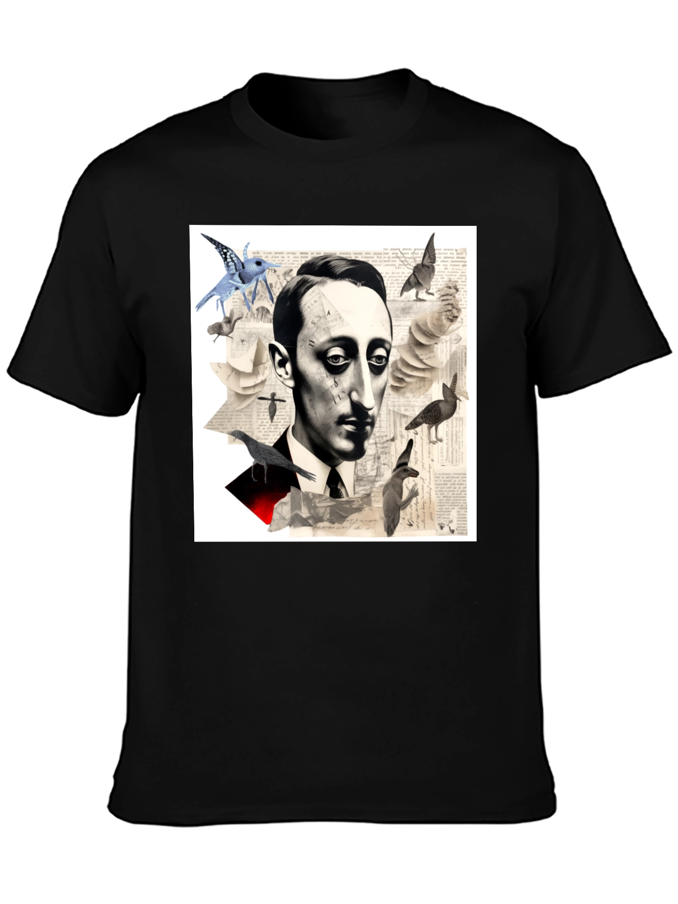 Black Surrealist Literary T-Shirt: Portrait with Birds view 3