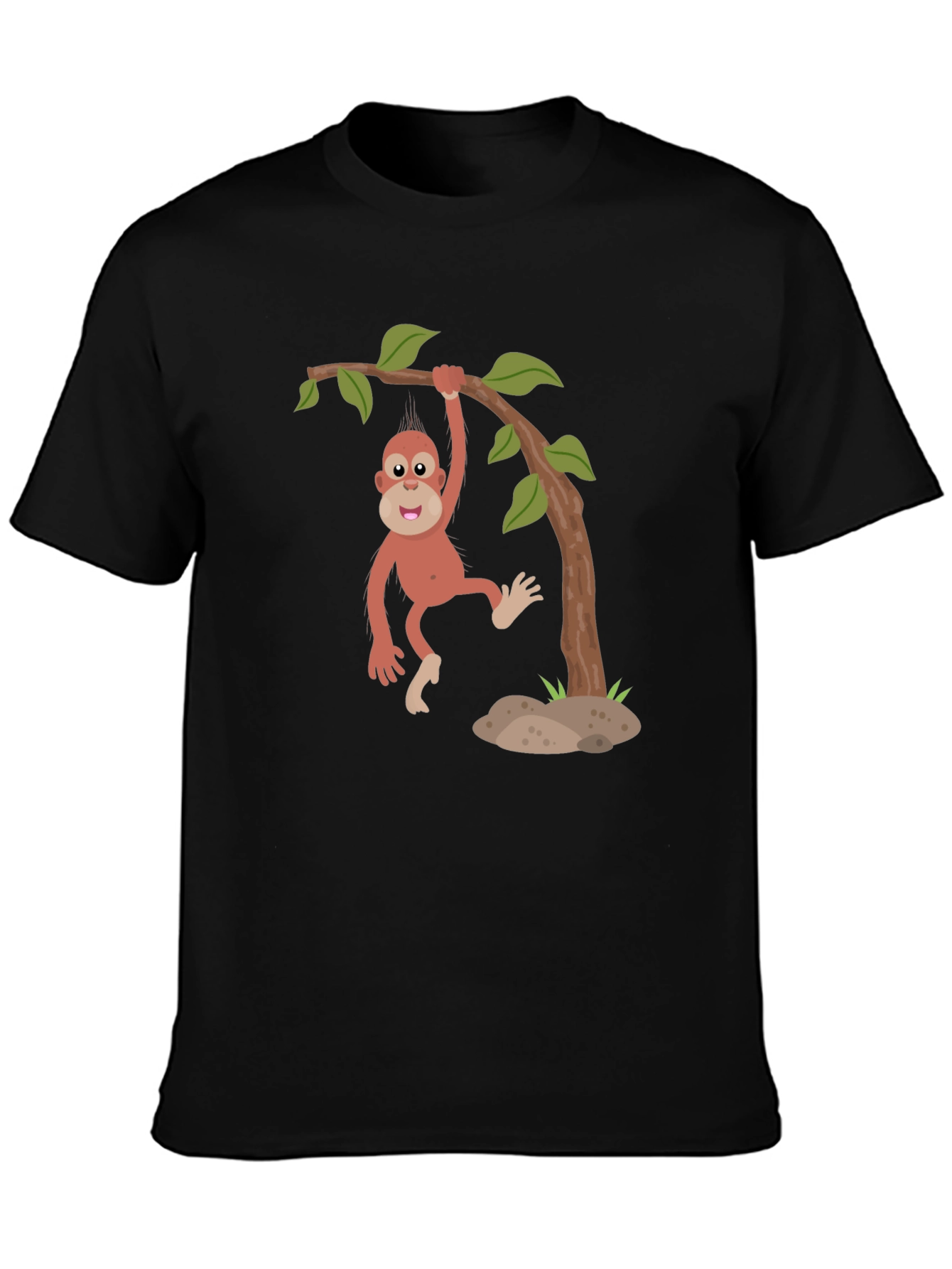 Cartoon Monkey Hanging from Tree Black T-Shirt - 3
