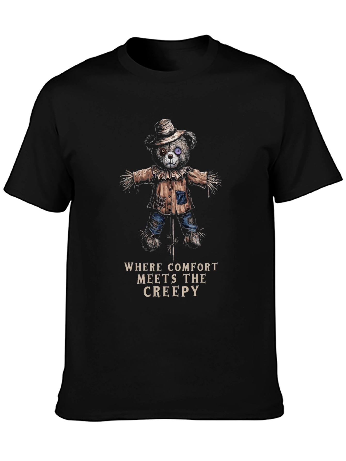 Black Creepy Comfort T-Shirt - Scarecrow Bear Design view 3