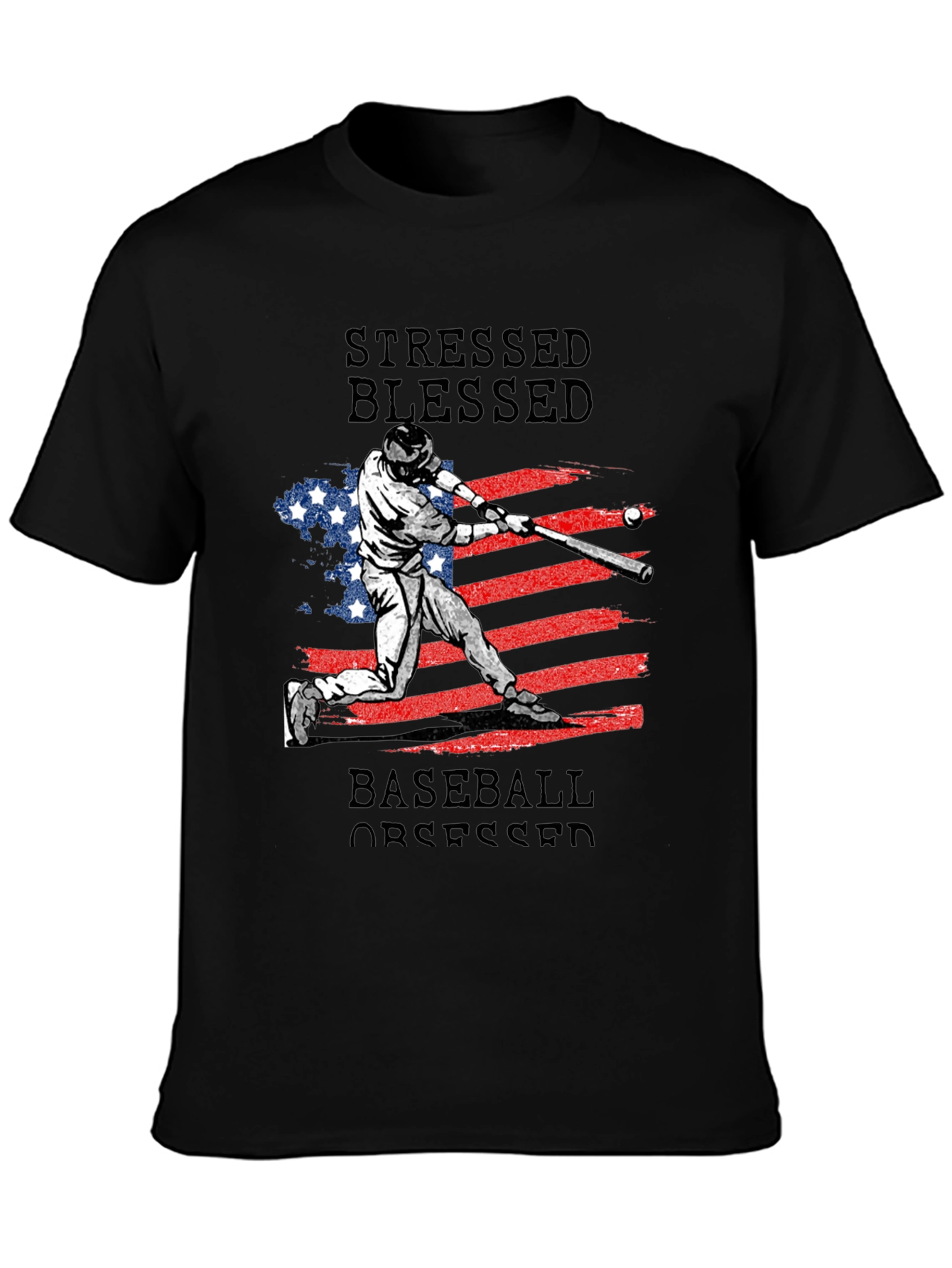 Black Stressed Blessed Baseball Obsessed T-Shirt view 3