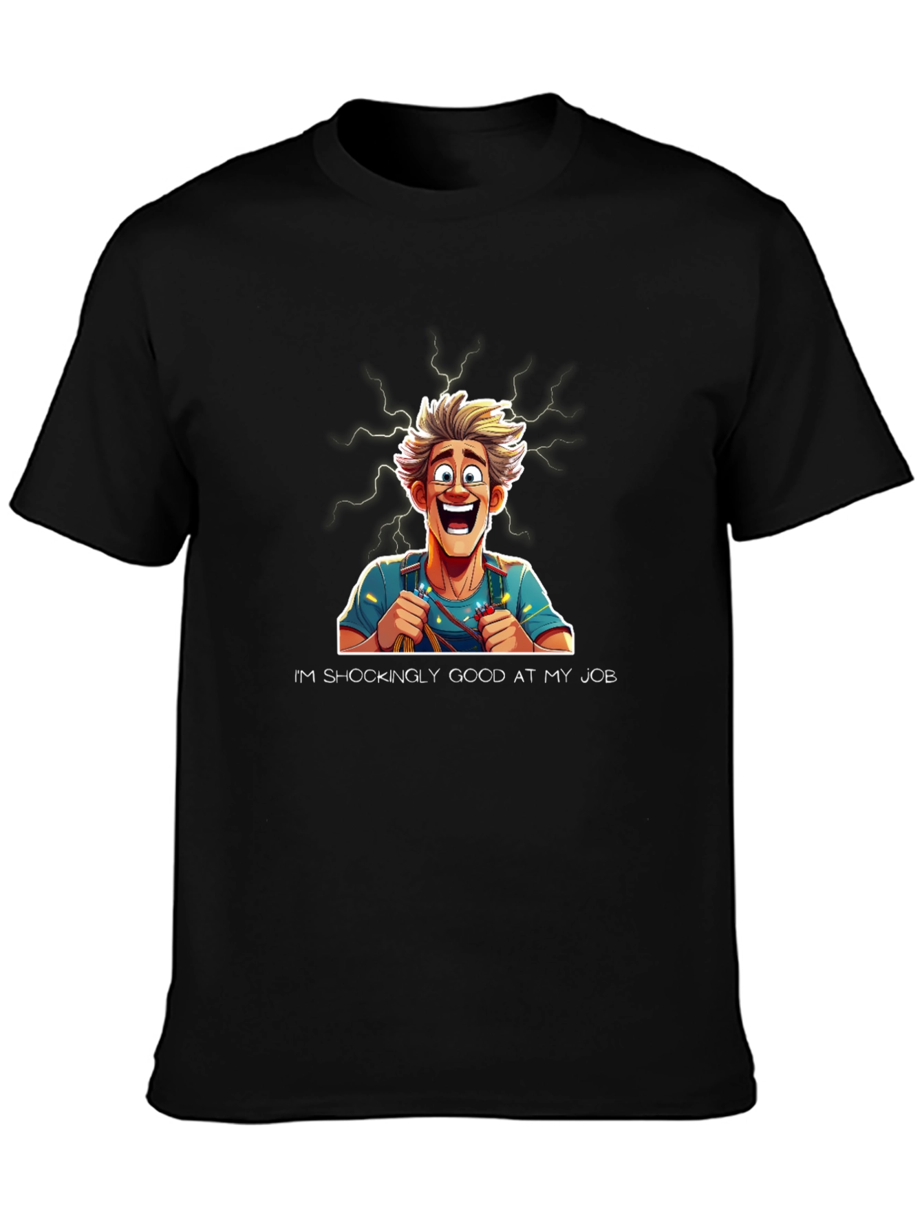 Black Funny Electrician Cartoon T-Shirt view 3