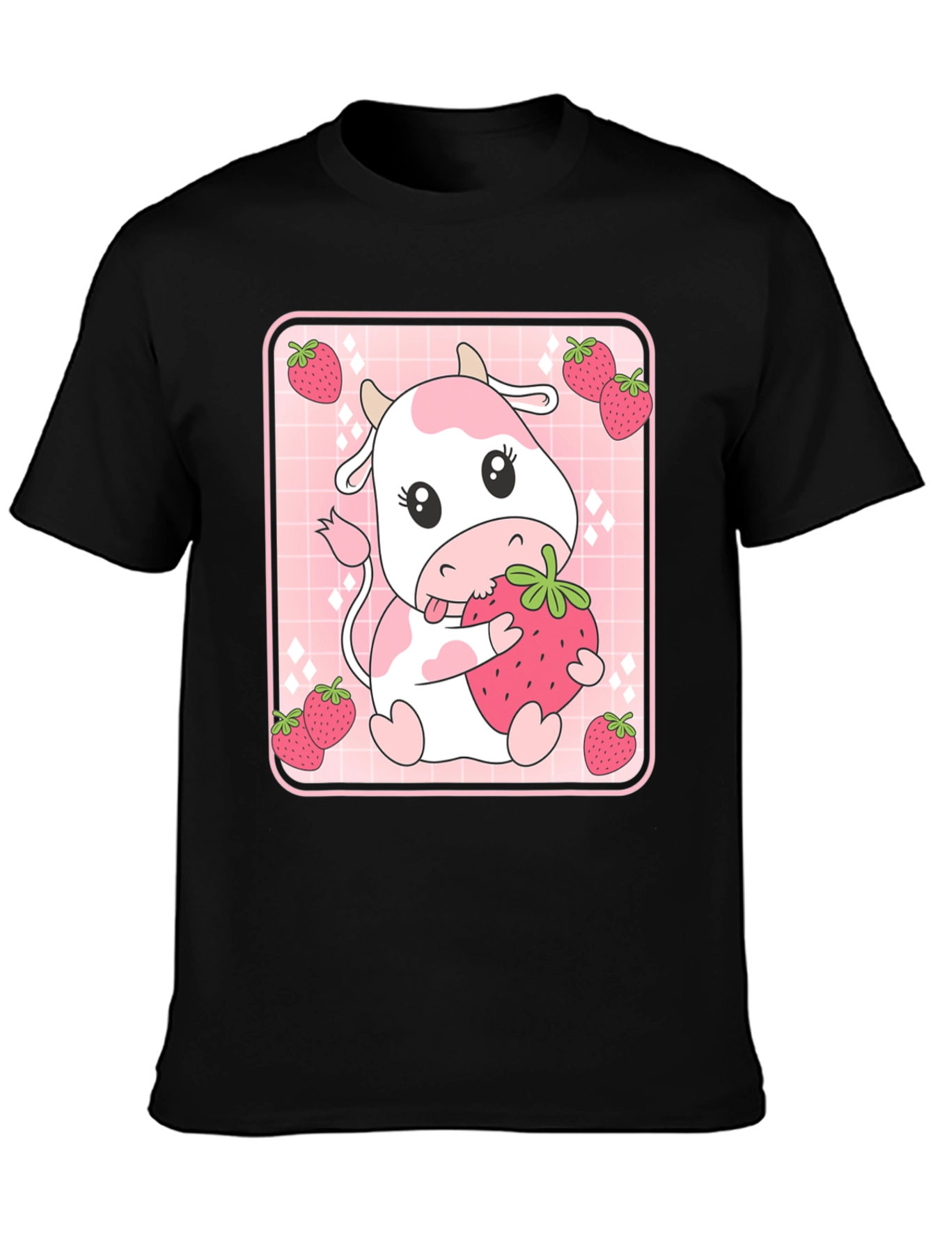 Black Strawberry Cow T-Shirt - Cute Kawaii Design view 3