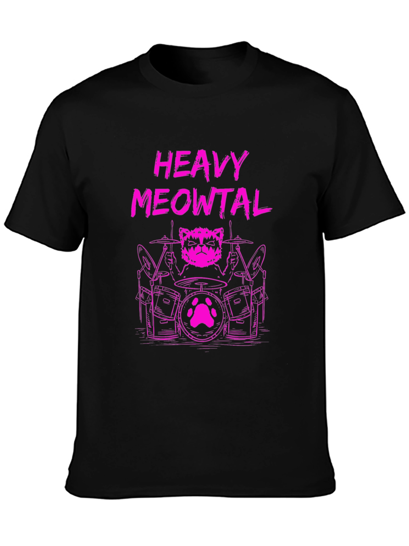 Black Heavy Meowtal Cat Drummer Graphic Tee view 3