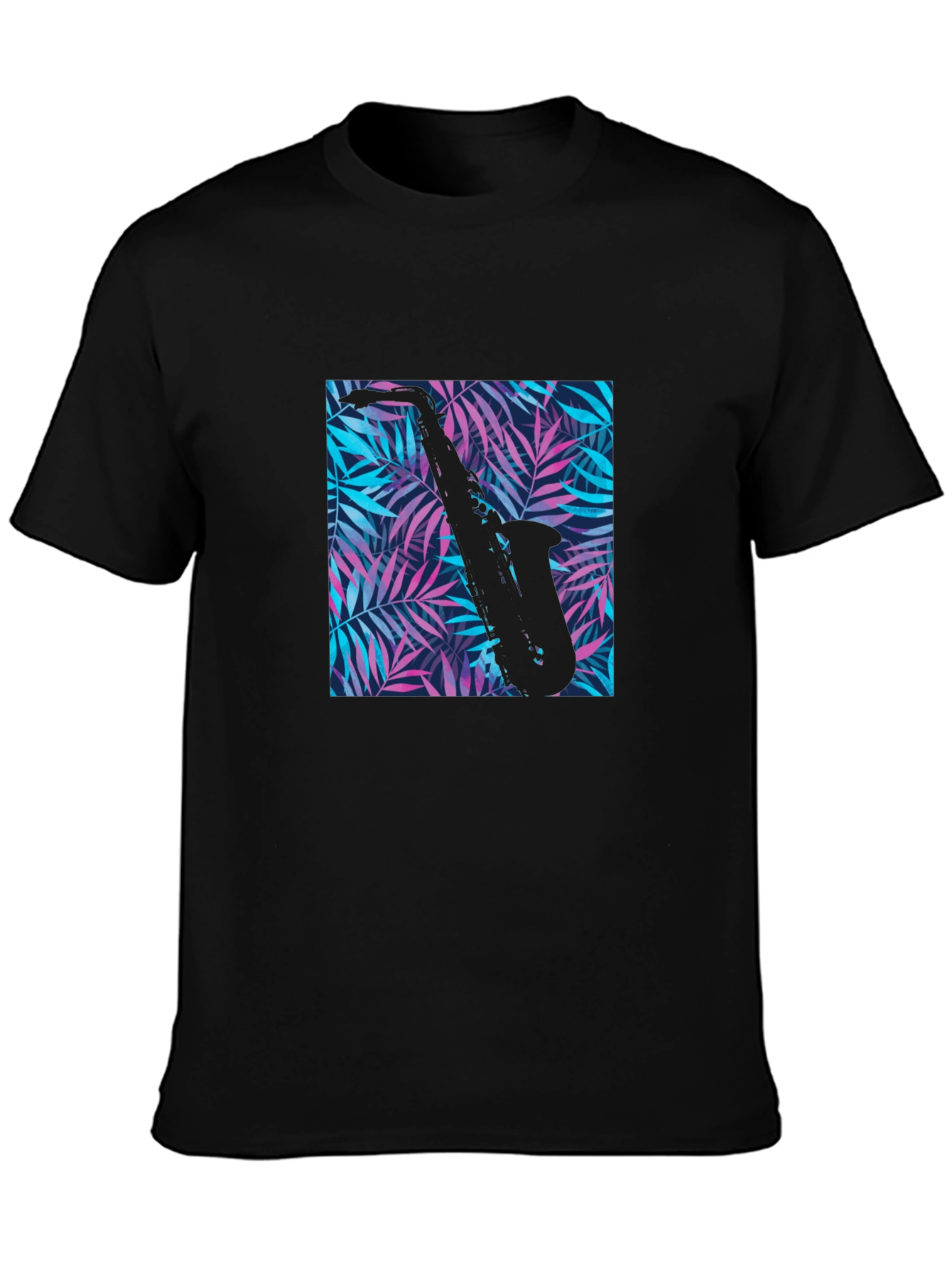 Black Tropical Saxophone Print Black T-Shirt view 3