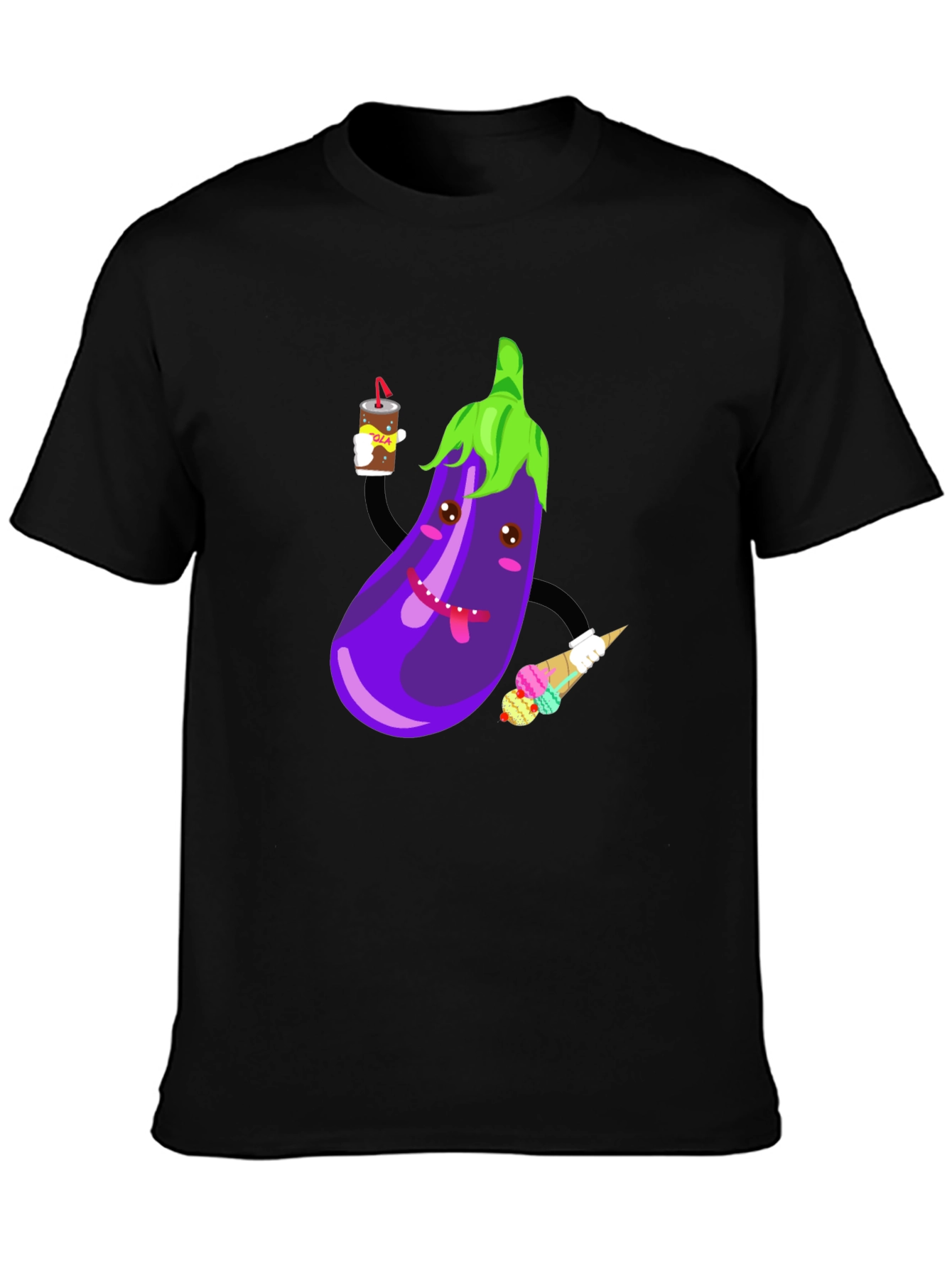 Black Eggplant Cartoon Graphic T-Shirt view 3