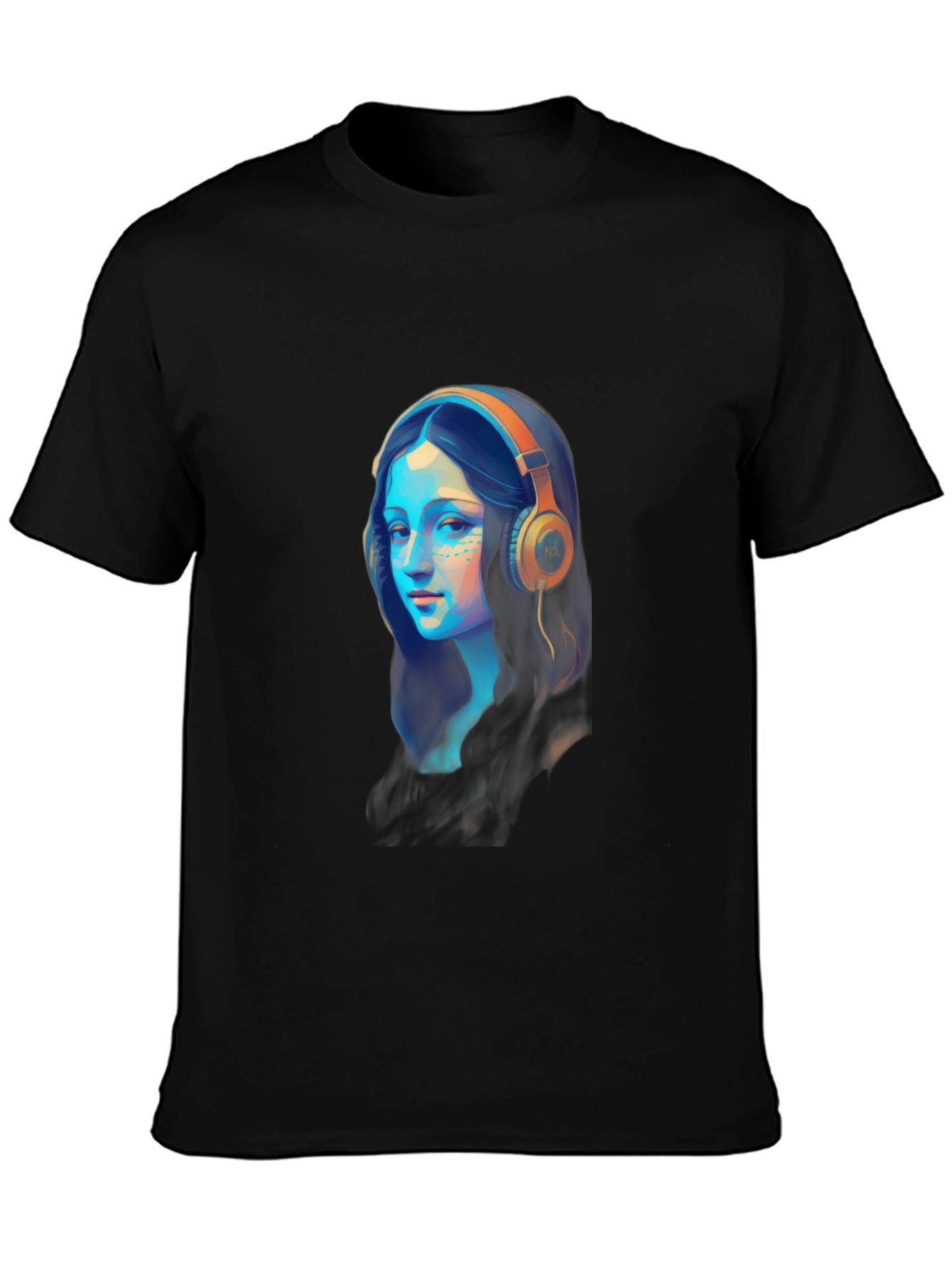 Black Mona Lisa Headphones Graphic Black T-Shirt view 3