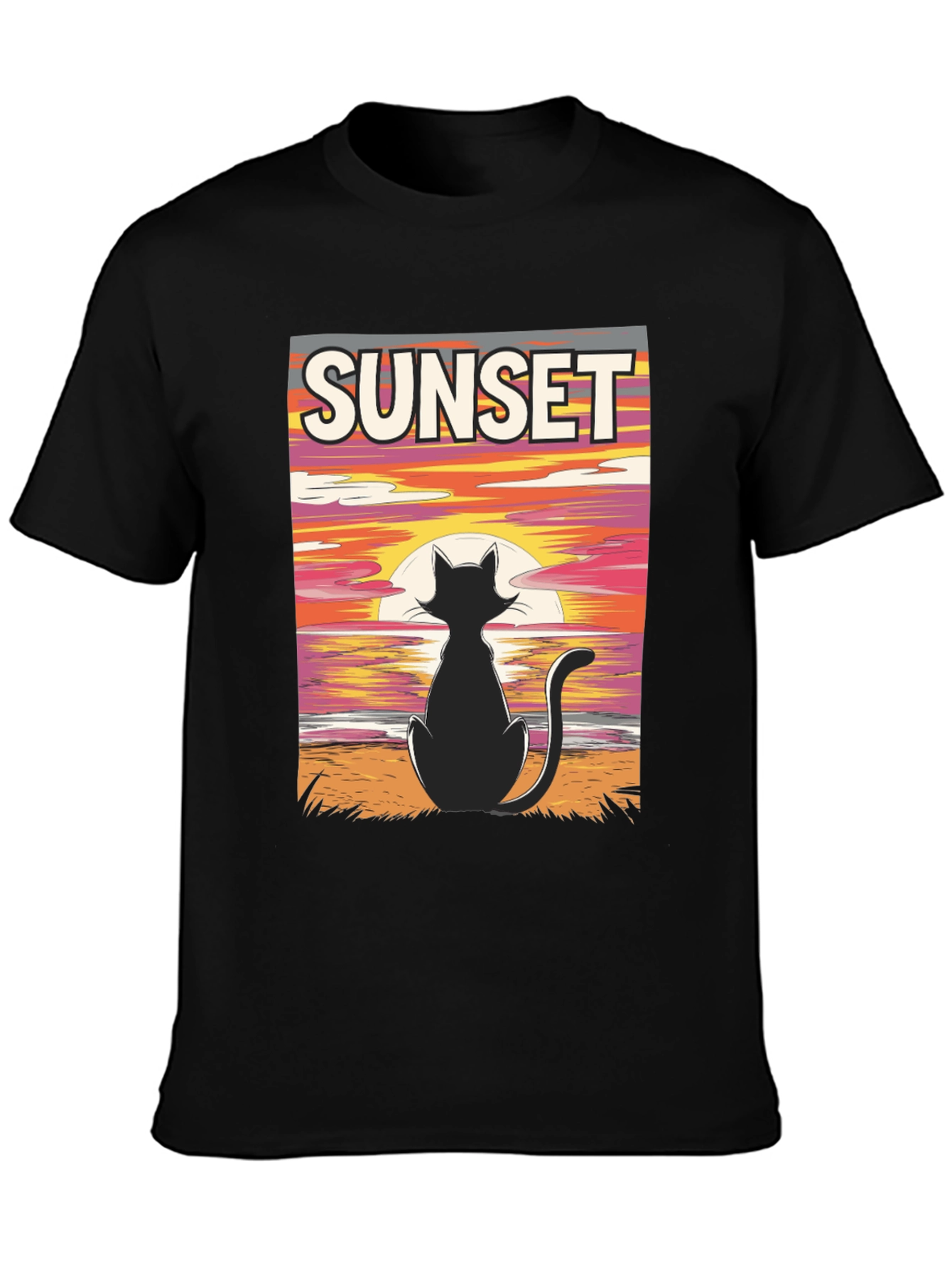 Black Sunset Cat Graphic Tee - Stylish Black T-Shirt view 3
