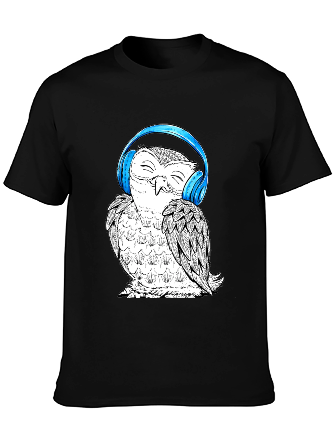Black Owl with Headphones Graphic Tee - Black Cotton T-Shirt view 3