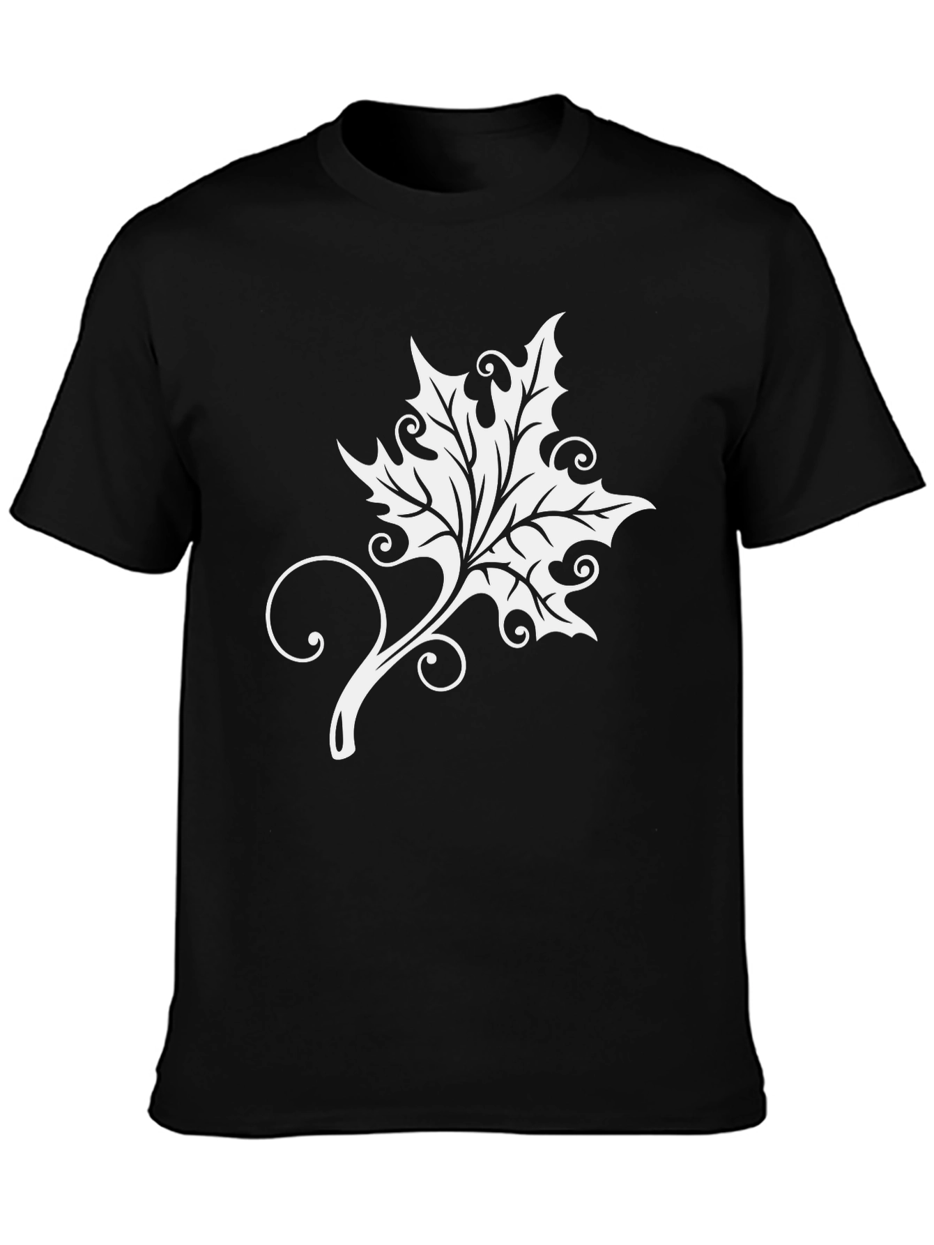 Black Elegant Leaf Graphic Tee - Soft Black Cotton Blend view 3