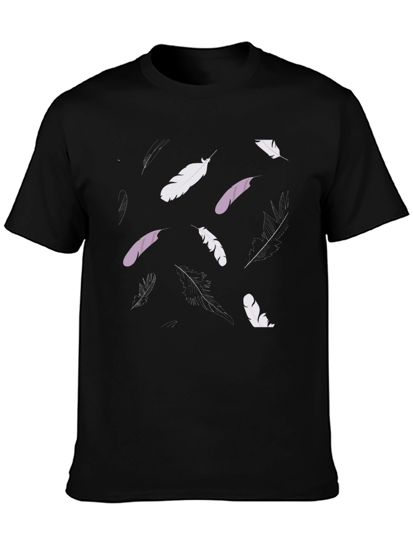 Black Feather Print Black Crew Neck T-Shirt view 3