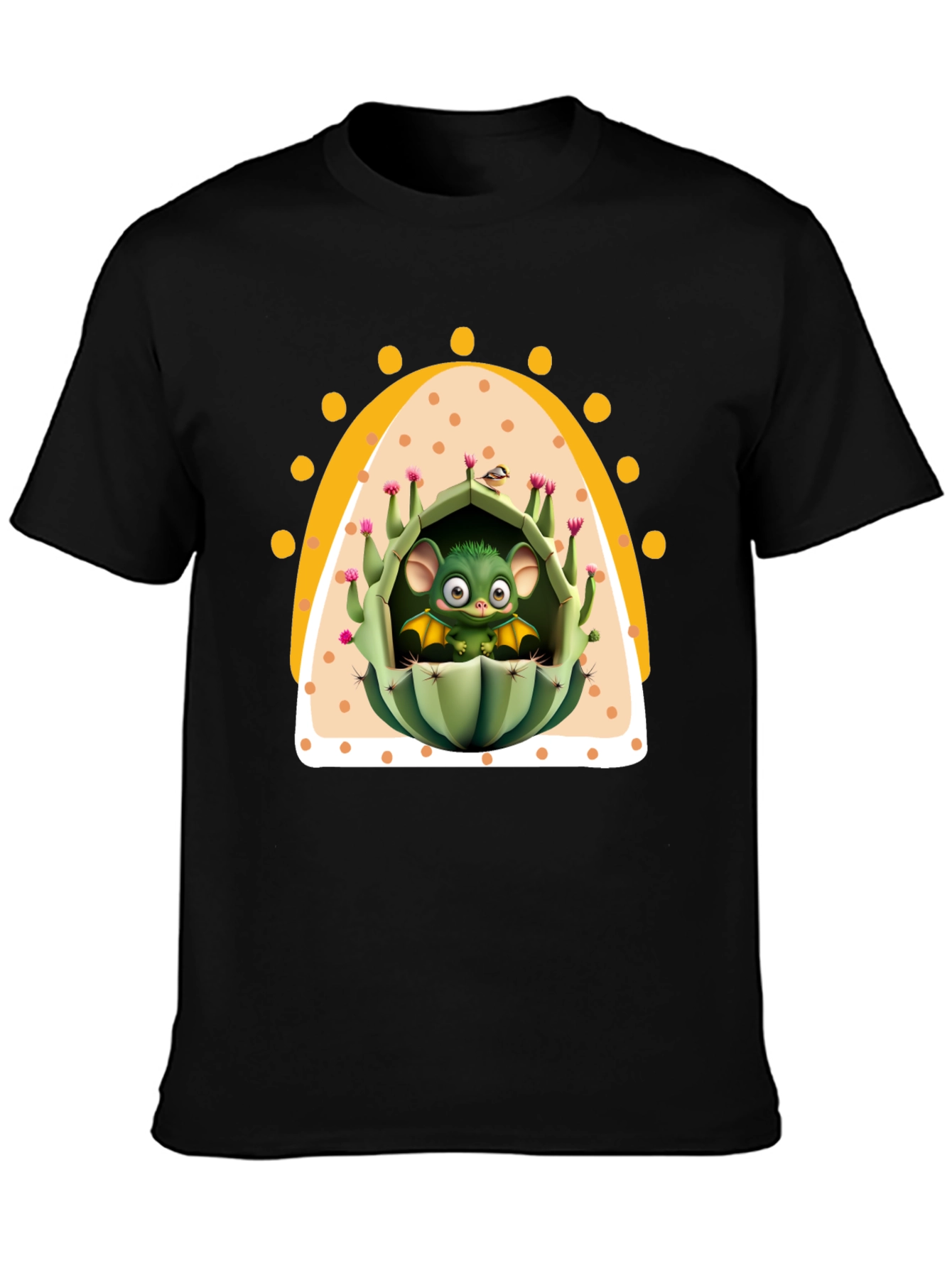 Black Cute Cactus Bat T-Shirt - Unique Graphic Tee view 3