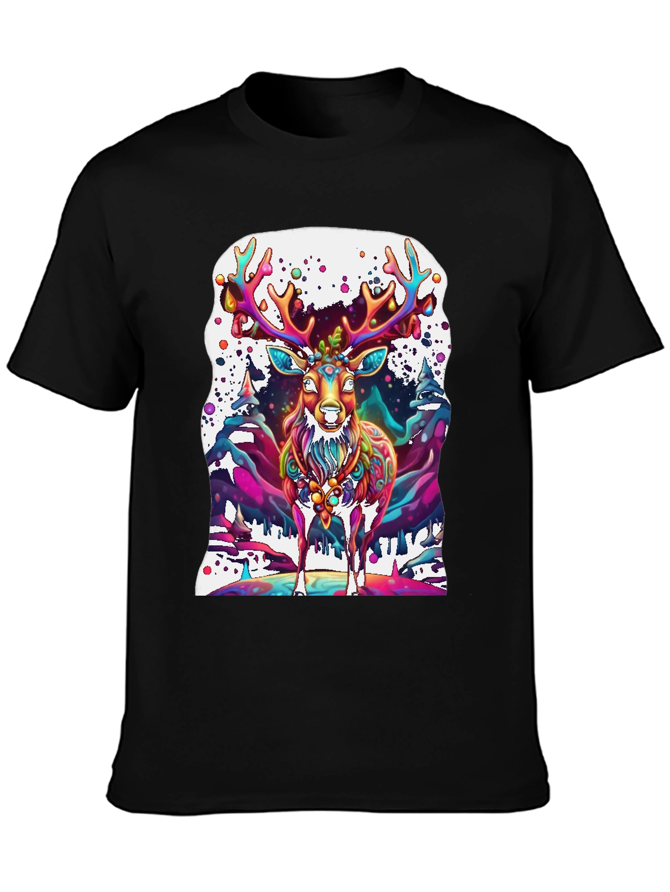 Black Psychedelic Deer Graphic Tee - Vivid Colorful Print view 3