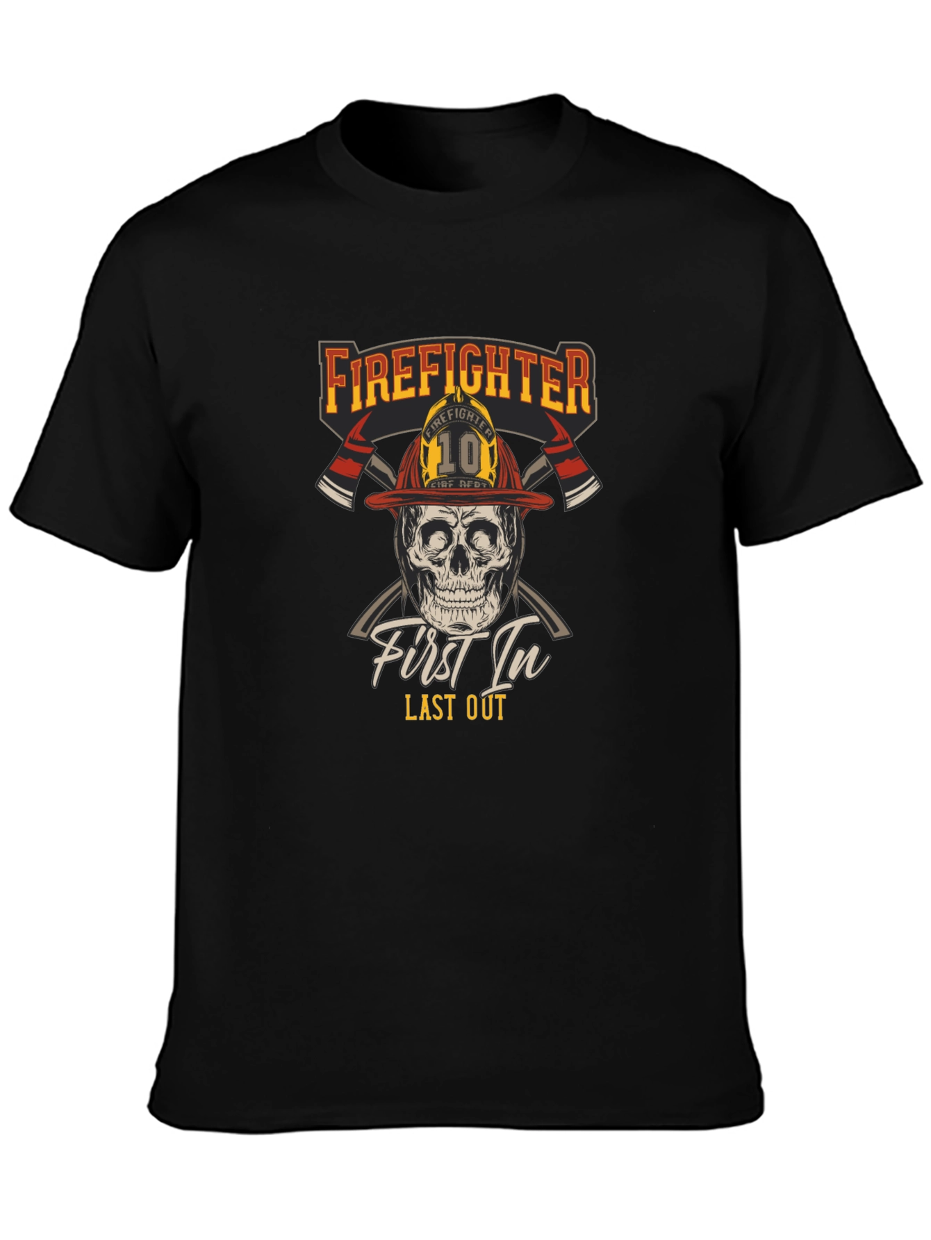 Black Firefighter Skull T-Shirt - First In Last Out Graphic Tee view 3