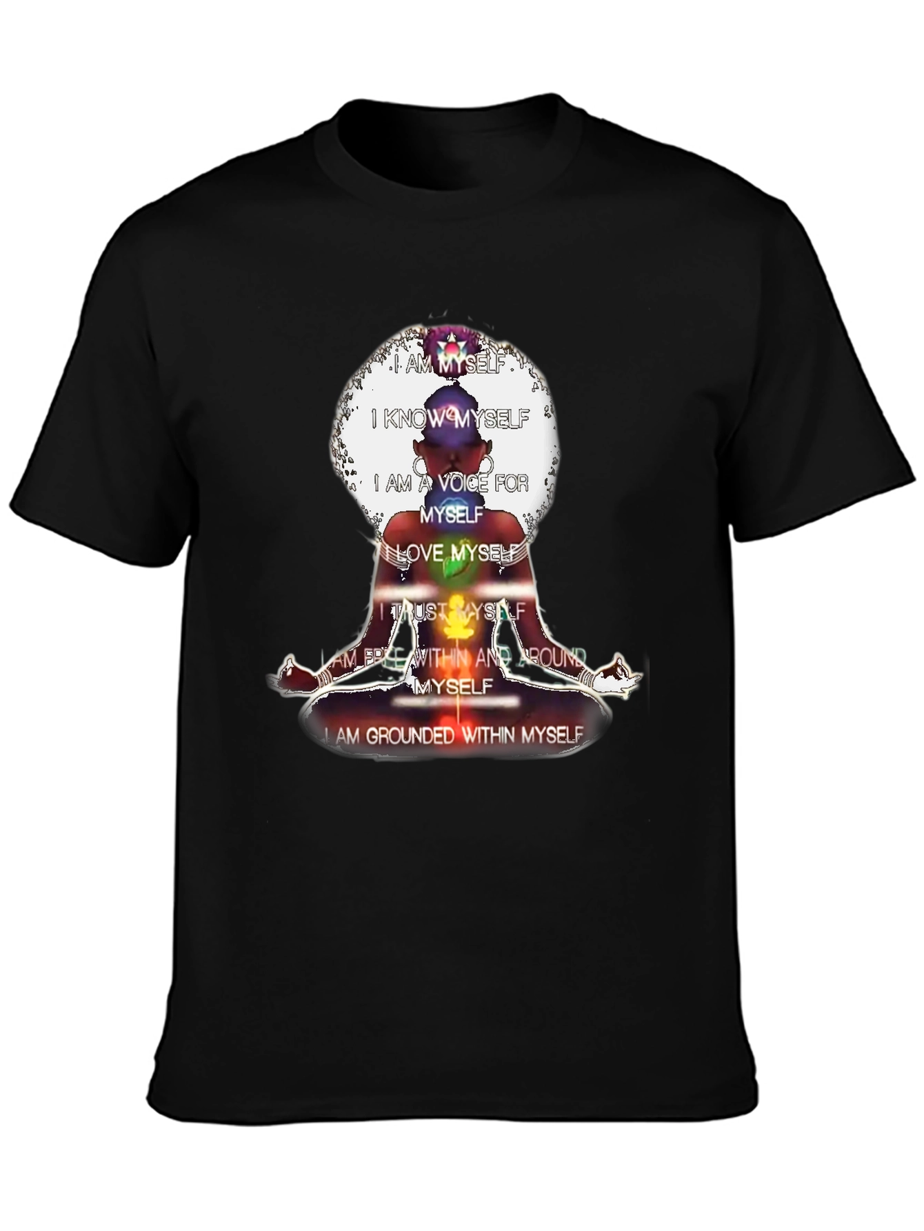 Black Affirmation T-Shirt - Chakra Meditation Design view 3