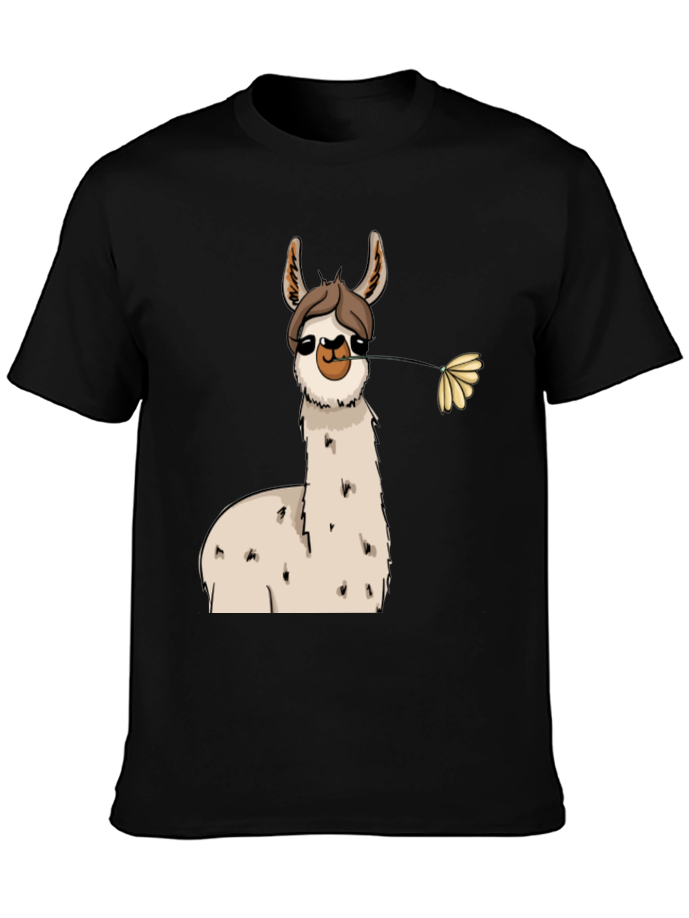 Black Llama with Flower Black T-Shirt view 3