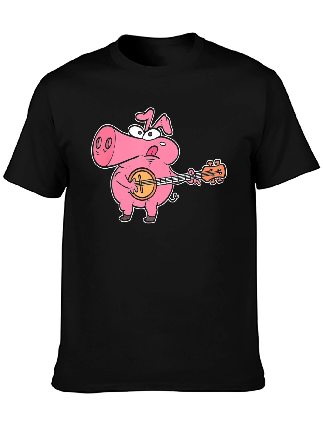 Black Pig Playing Banjo Graphic T-Shirt - Black Cotton Tee view 3