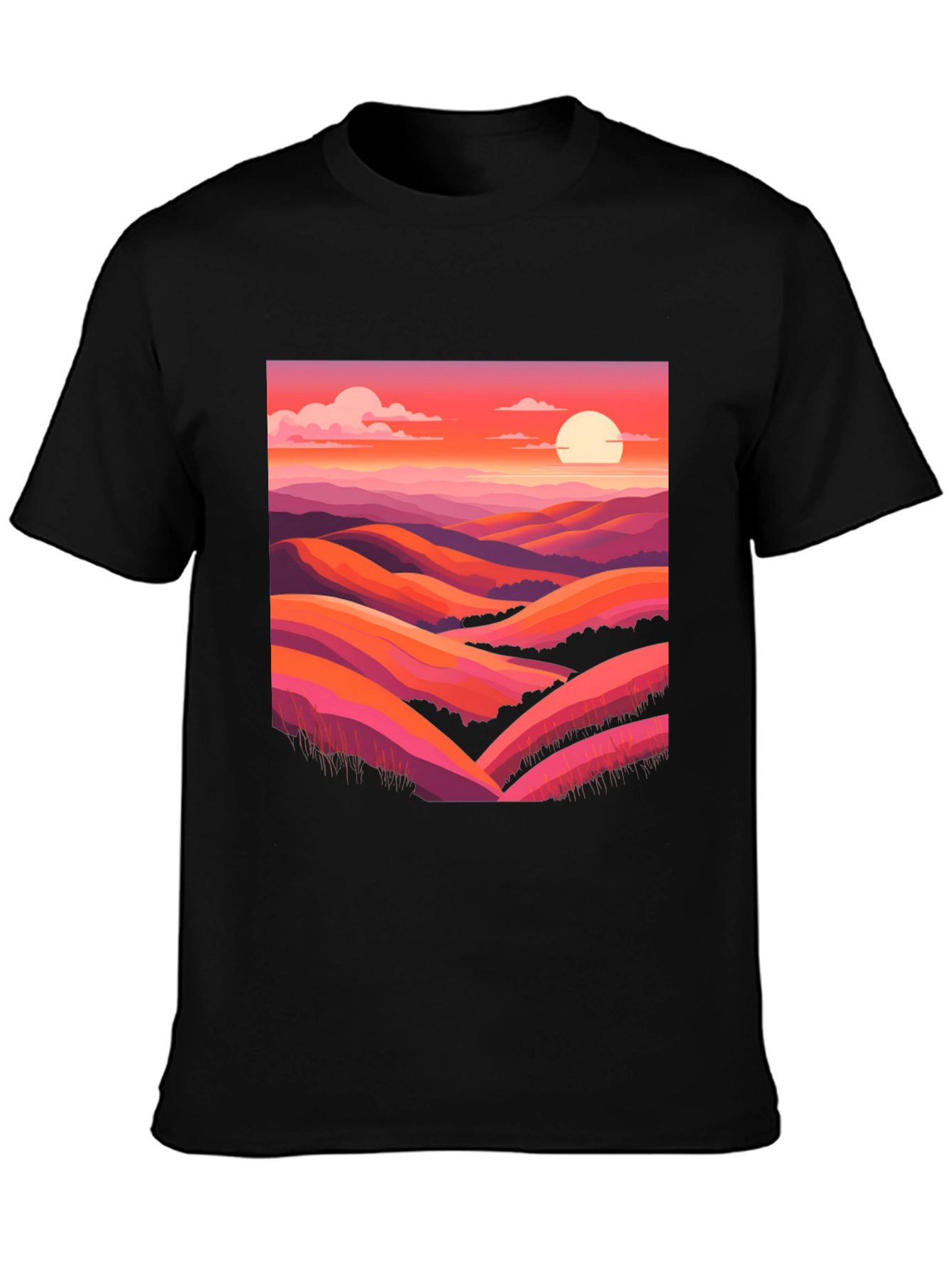 Black Sunset Hills Graphic Tee - Retro Landscape Shirt view 3