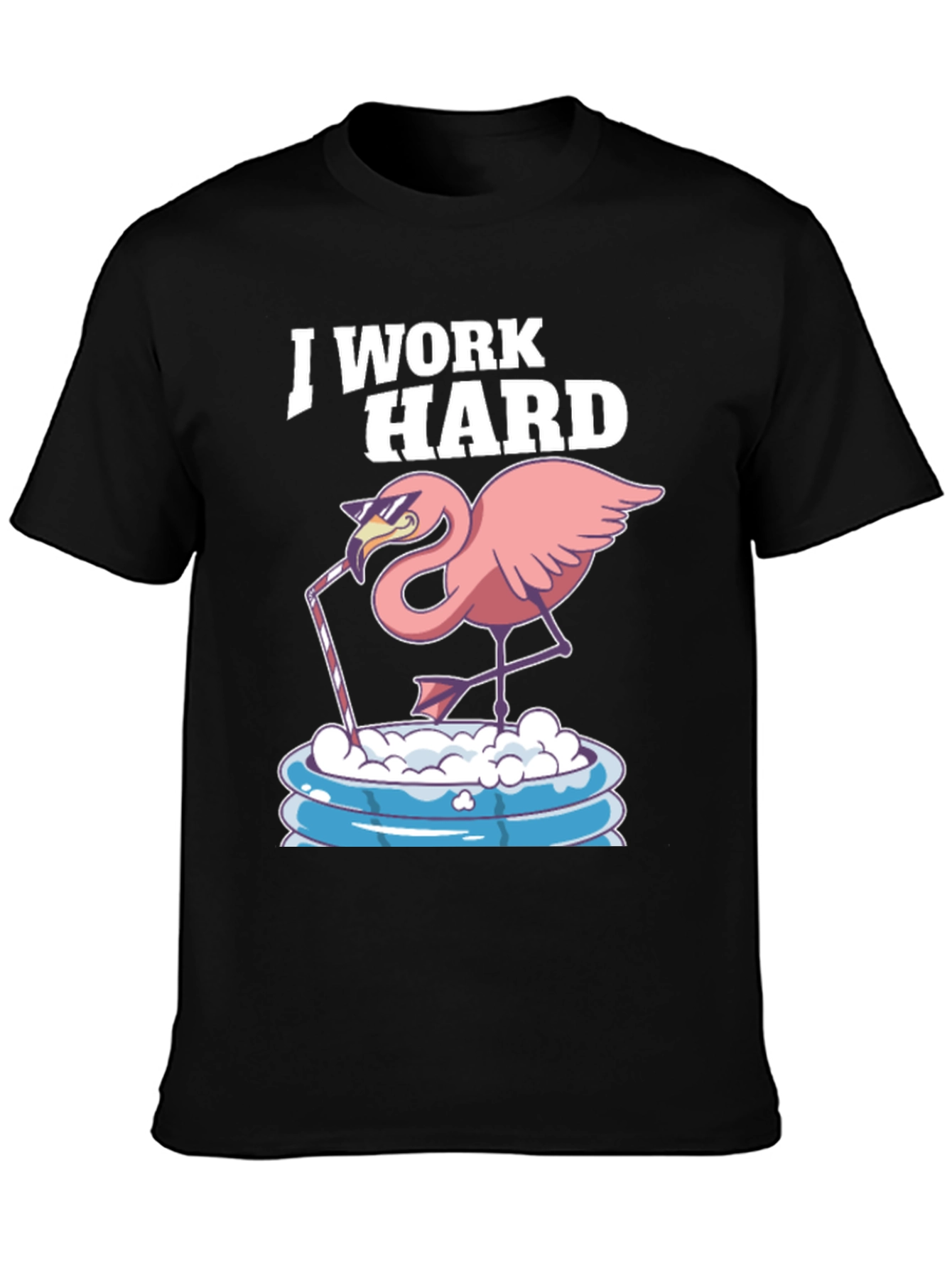 Black I Work Hard Flamingo T-Shirt - Relaxed Poolside Style view 3