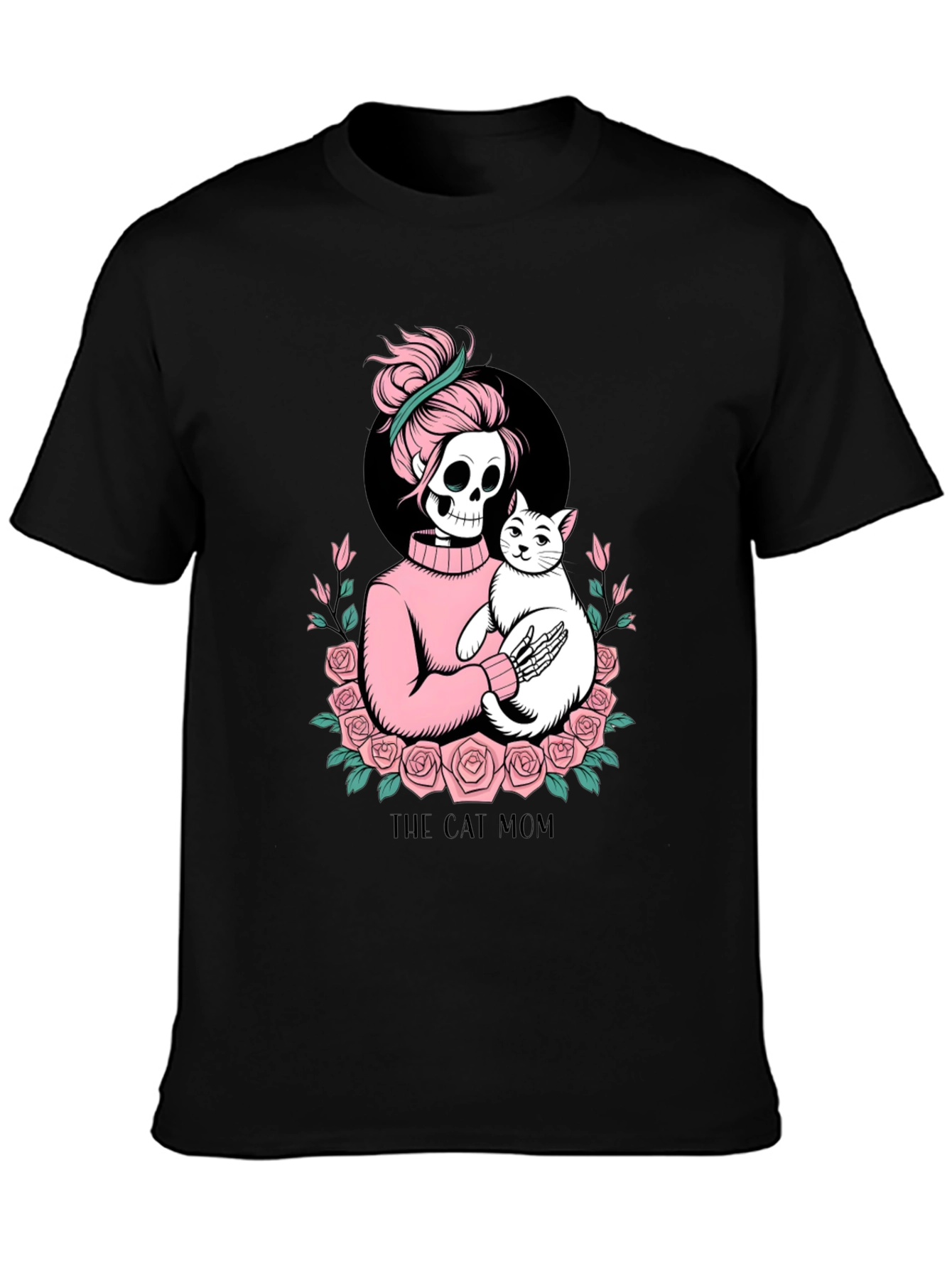 Black Skeleton Cat Mom Graphic Tee - Black view 3