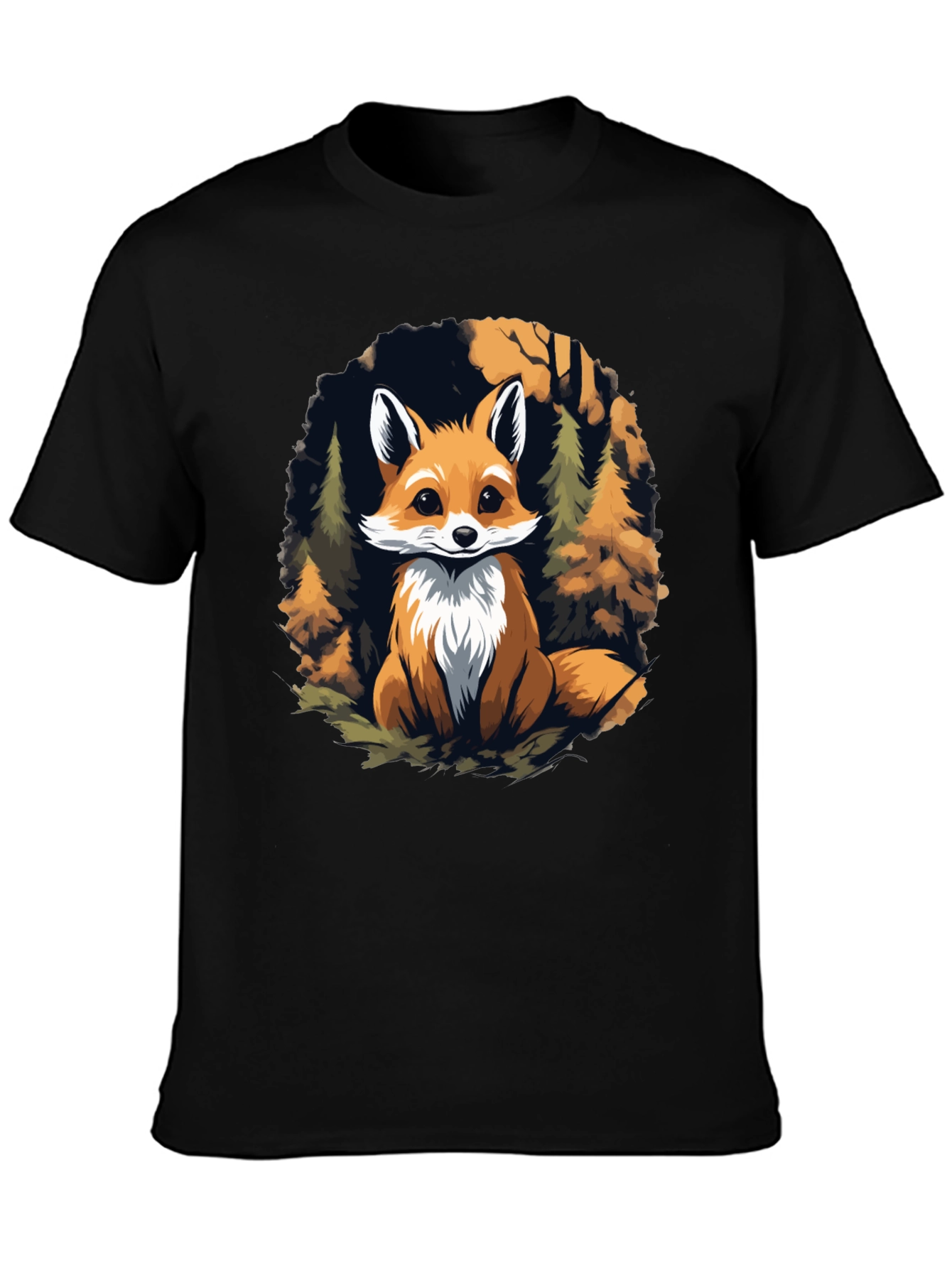 Black Fox in Forest Graphic Print Black T-Shirt view 3