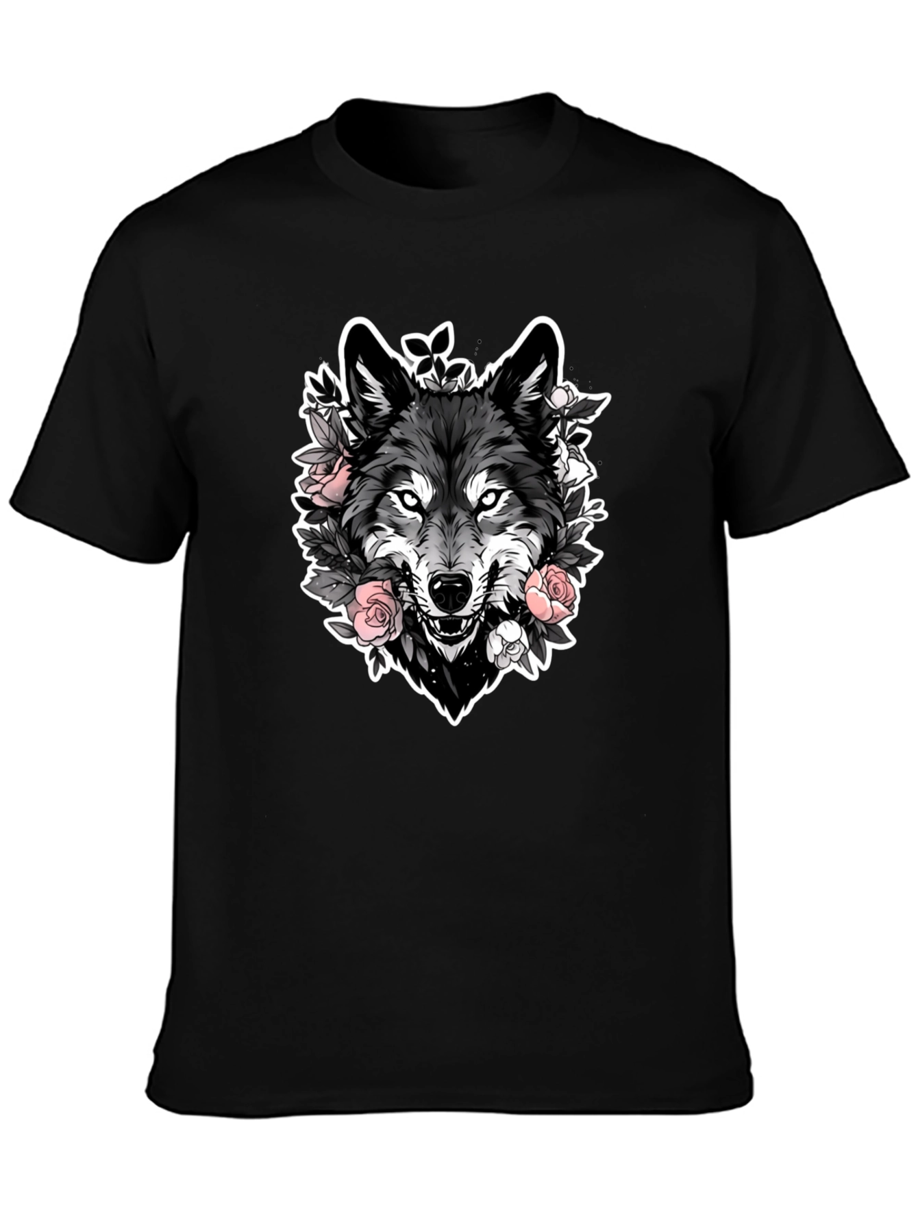 Black Wolf & Roses Graphic Black T-Shirt view 3