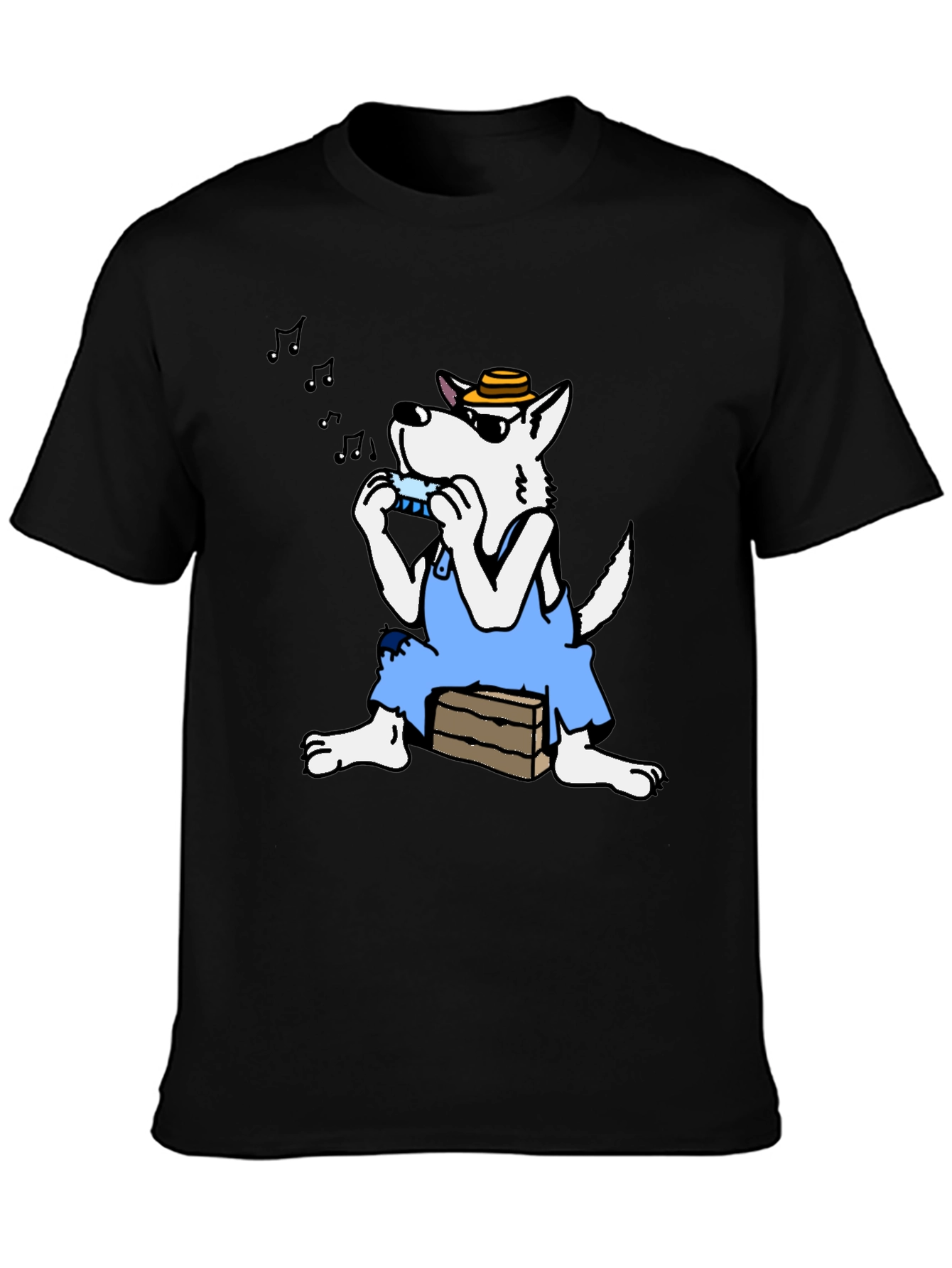 Black Cartoon Wolf Harmonica T-Shirt view 3