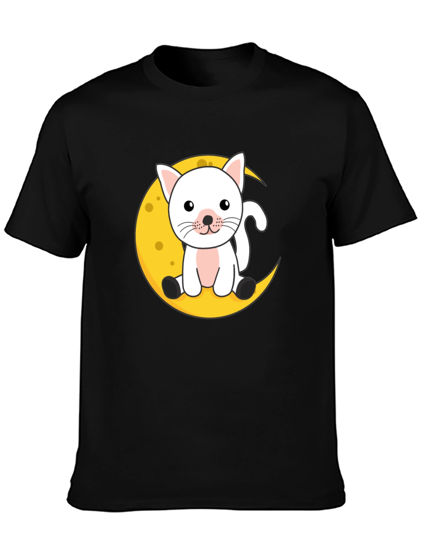 Black Cute Cat on Moon Graphic Black T-Shirt view 3