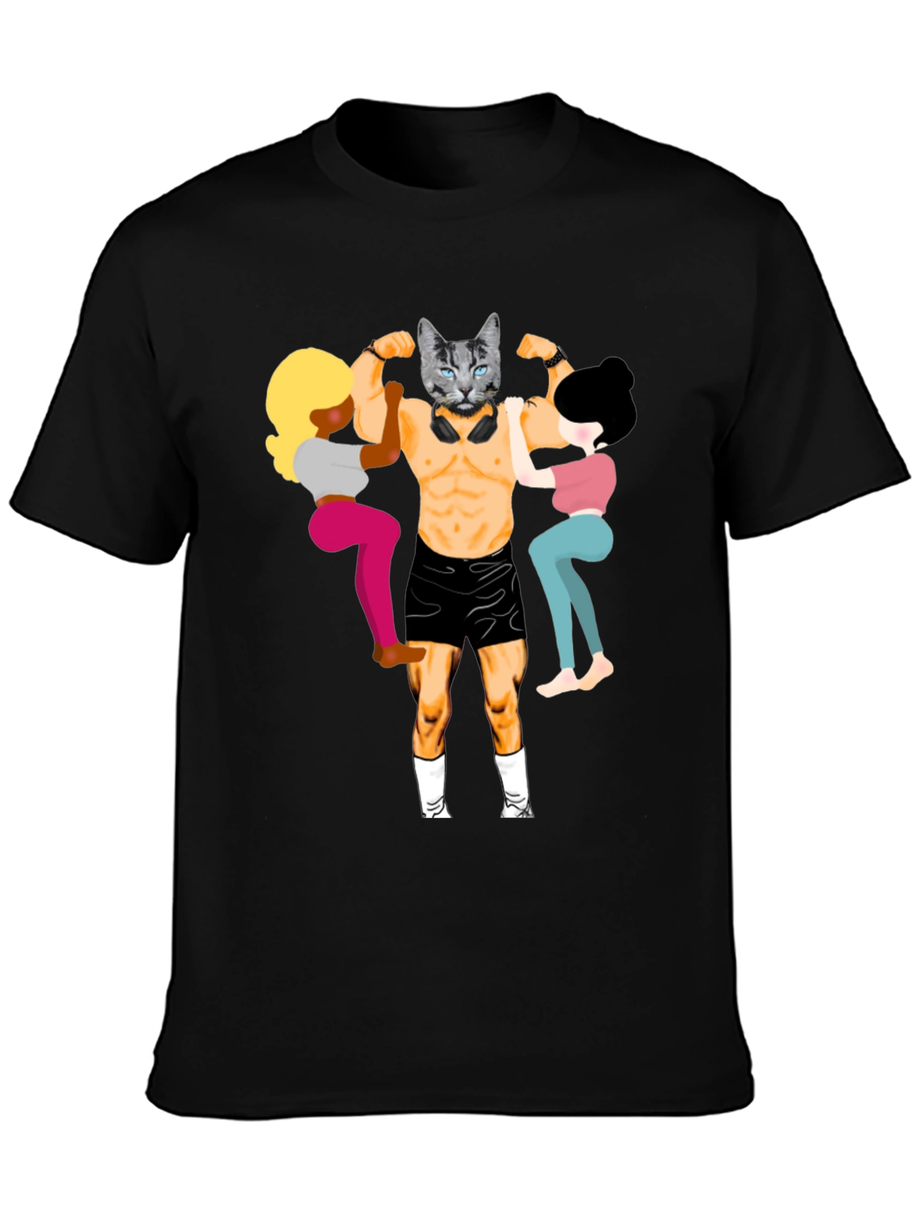 Black Funny Cat Bodybuilder Graphic Tee view 3