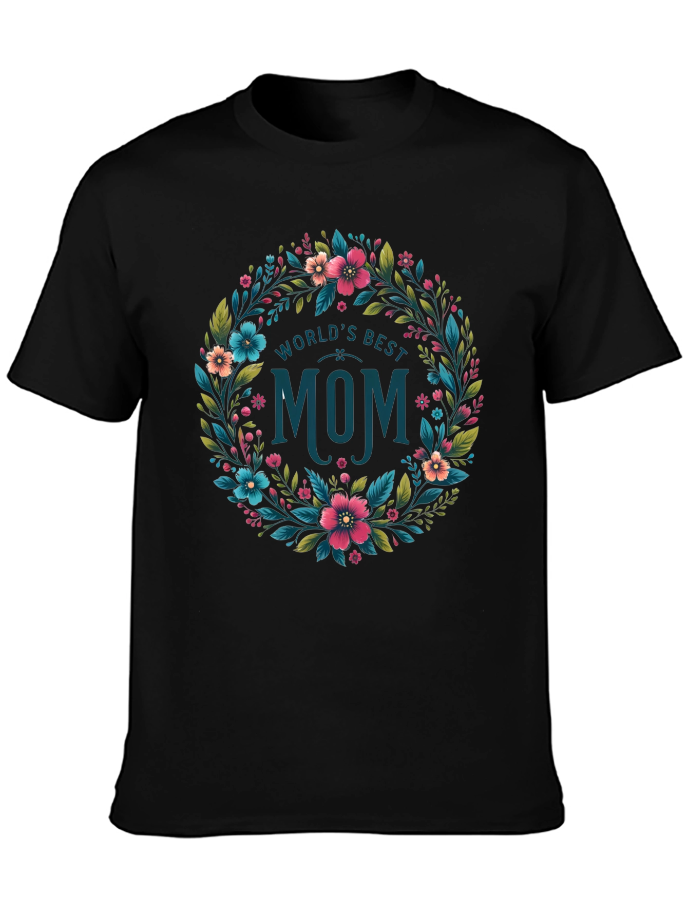 Black World's Best Mom Floral Wreath T-Shirt - Black view 3