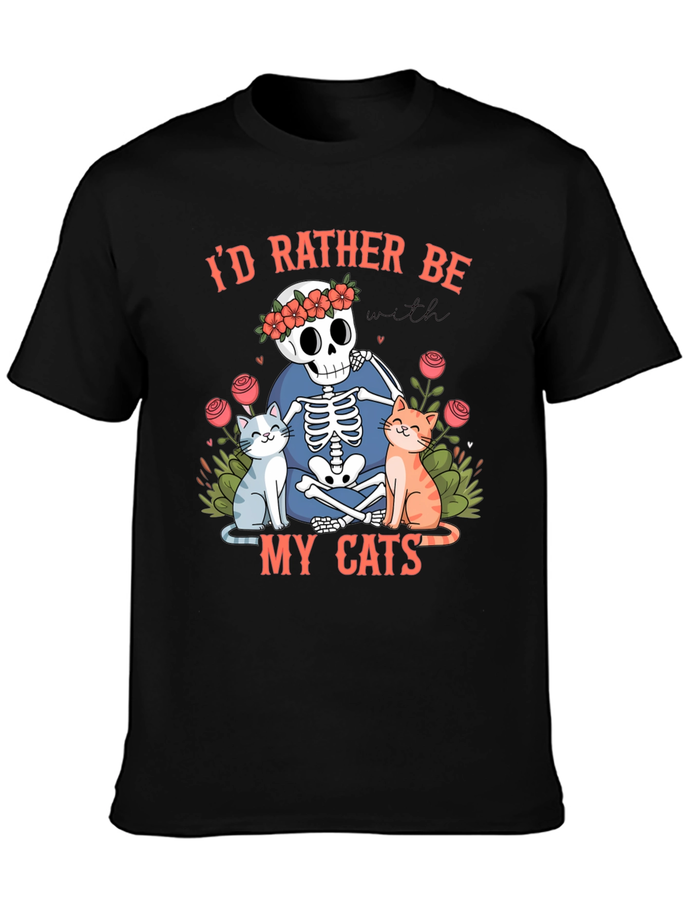 Black Skeleton & Cats Graphic Tee - "I'd Rather Be With My Cats" view 3