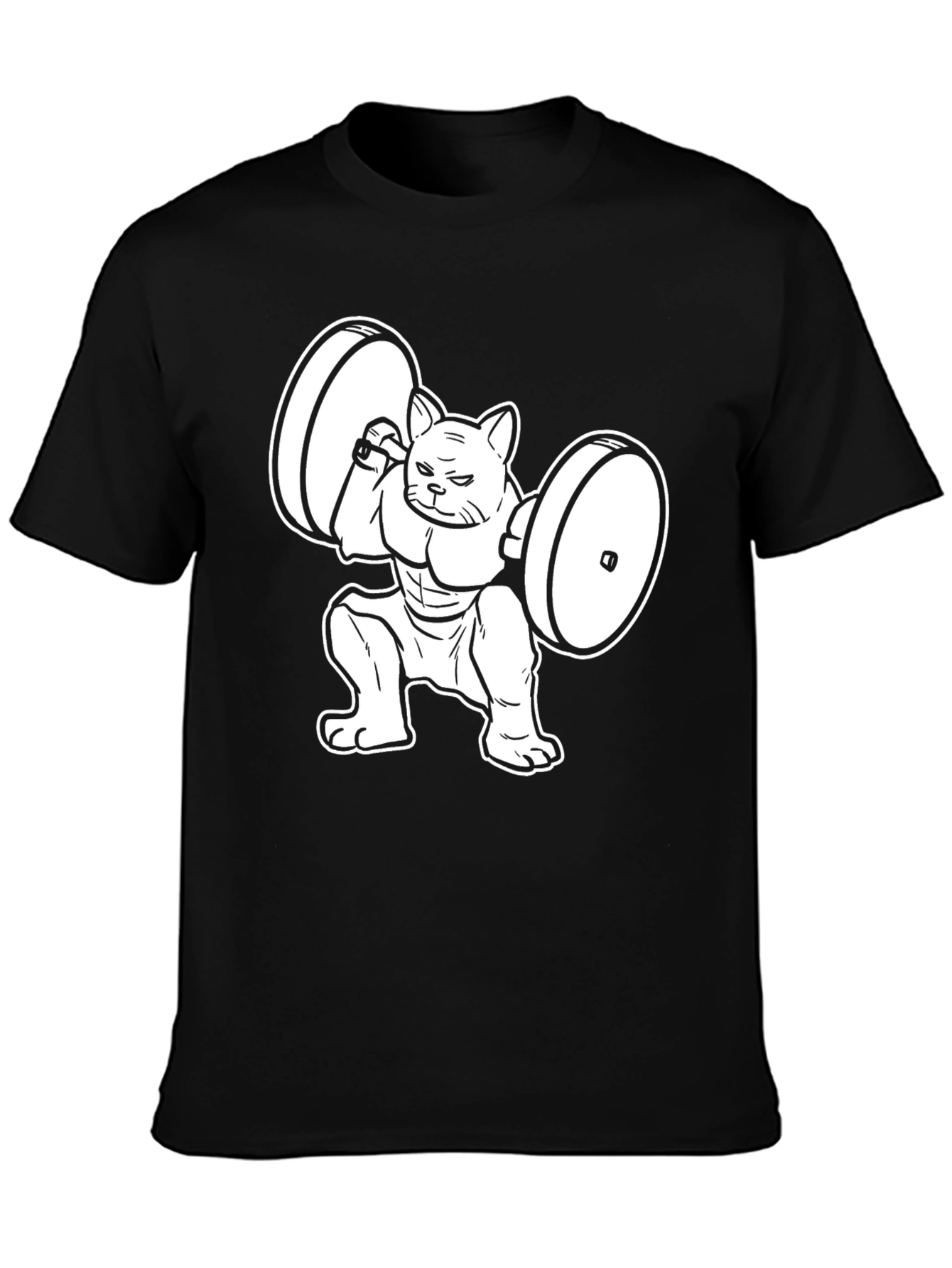Black Funny Cat Lifting Weights Black T-Shirt view 3