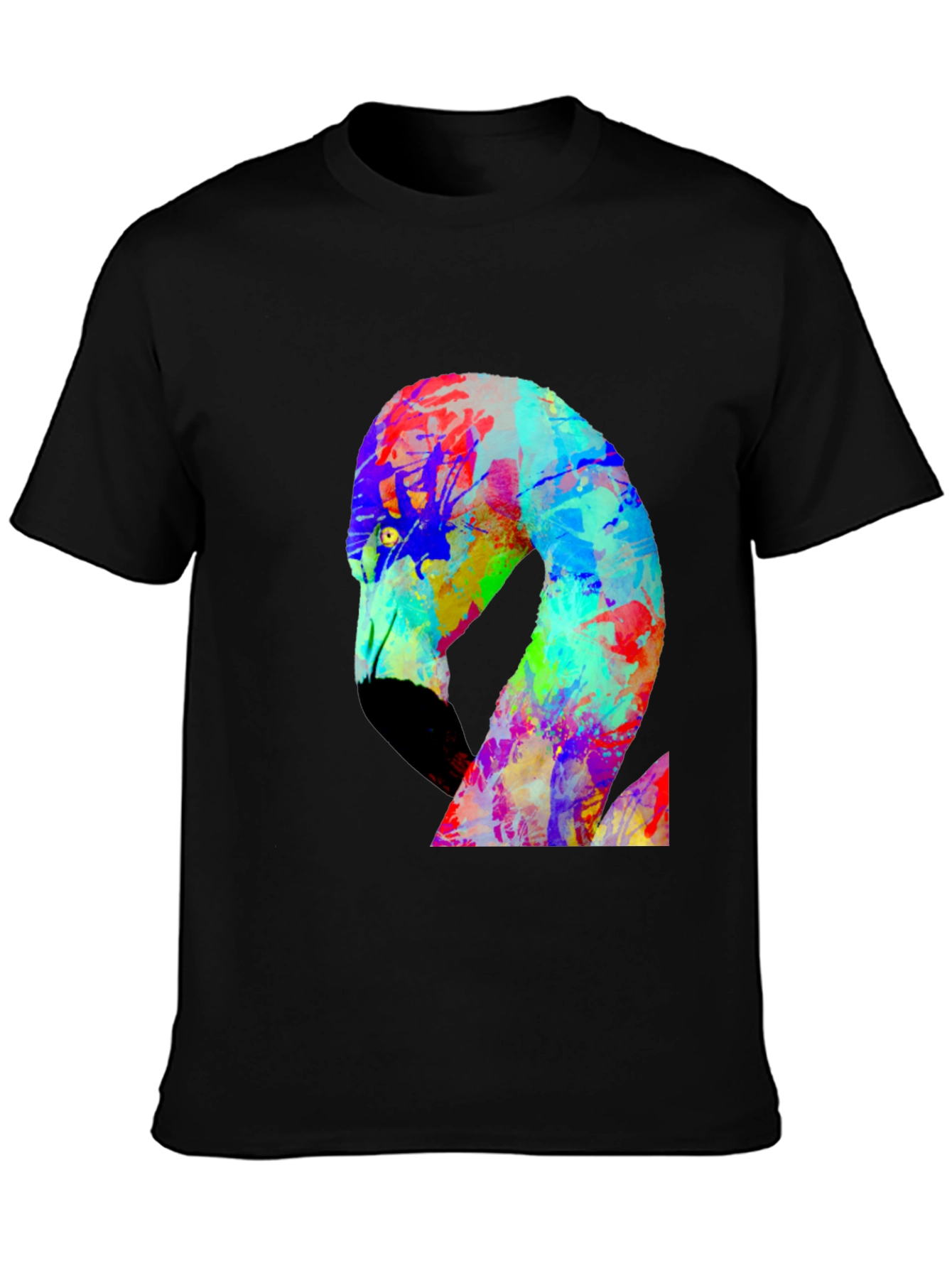 Black Colorful Flamingo Graphic Black Tee Shirt view 3