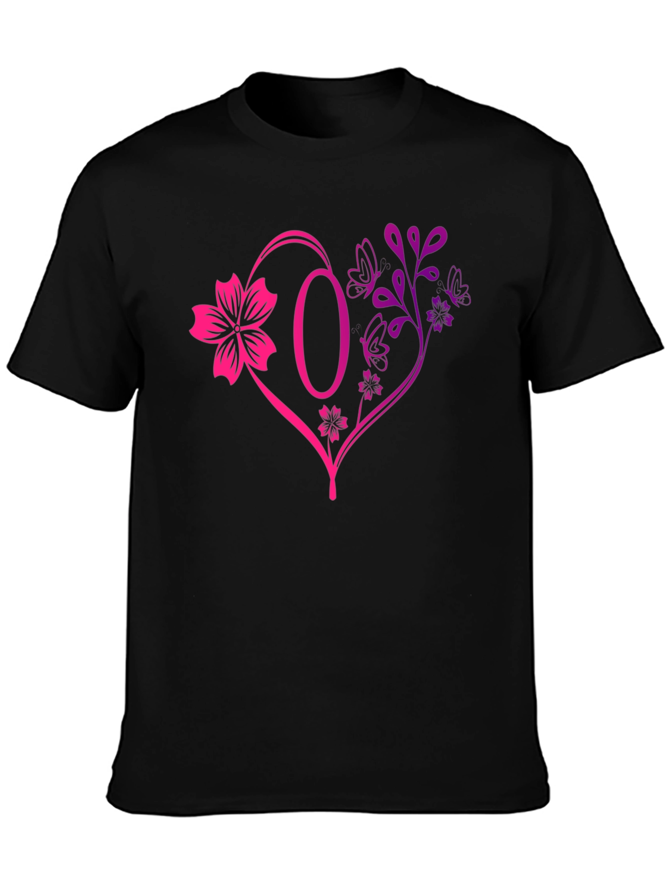 Black Floral Heart Initial T-Shirt - Personalized Letter O Design view 3