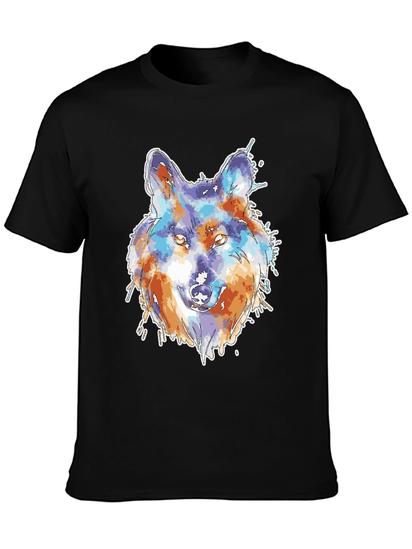 Black Wolf Watercolor Graphic Print Black T-Shirt view 3