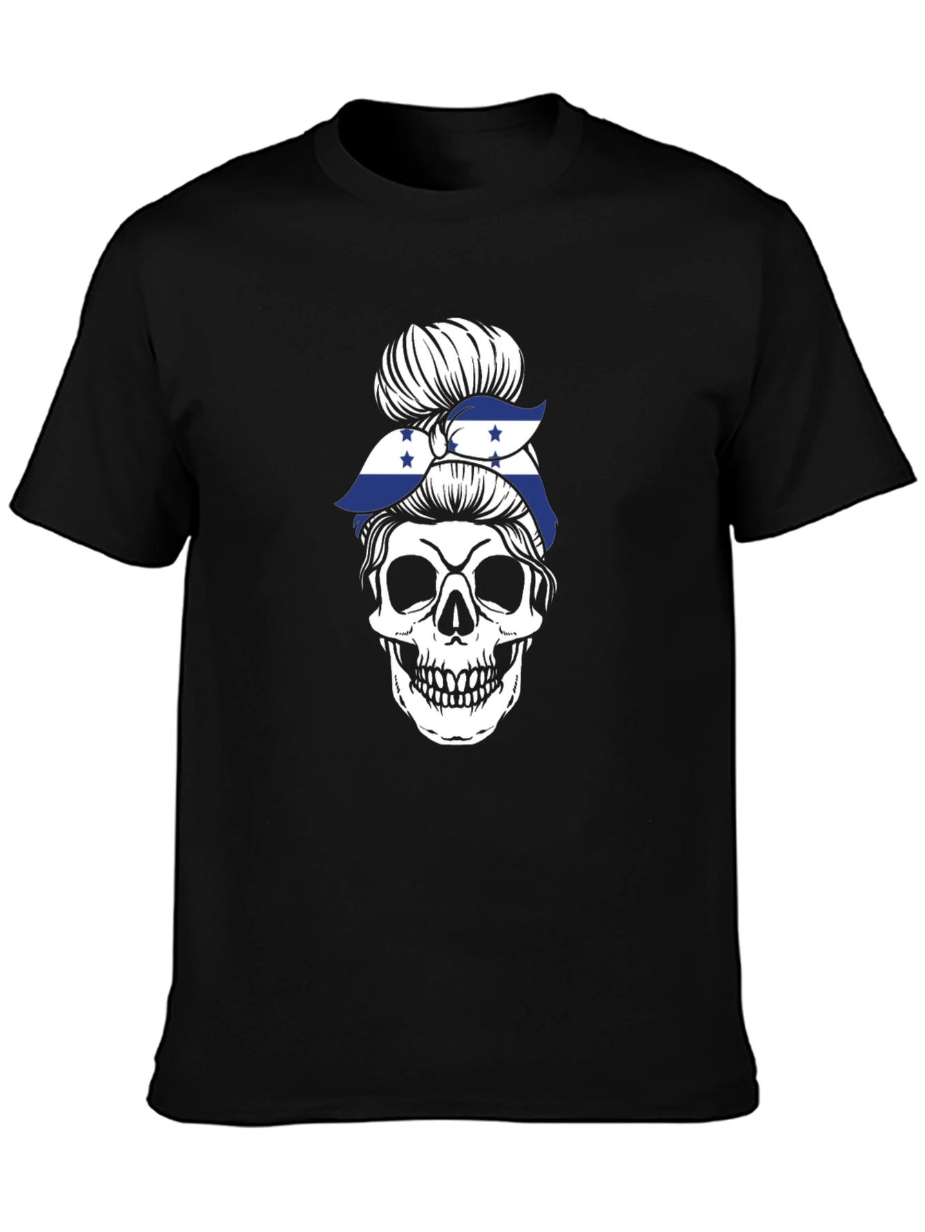 Black Skull Messy Bun Honduras Flag T-Shirt view 3