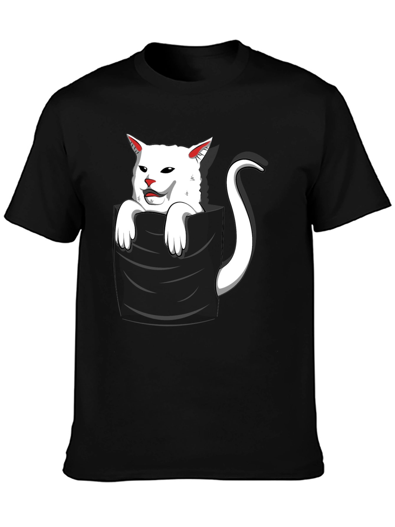 Black Cat Pocket T-Shirt - Funny White Cat Design view 3