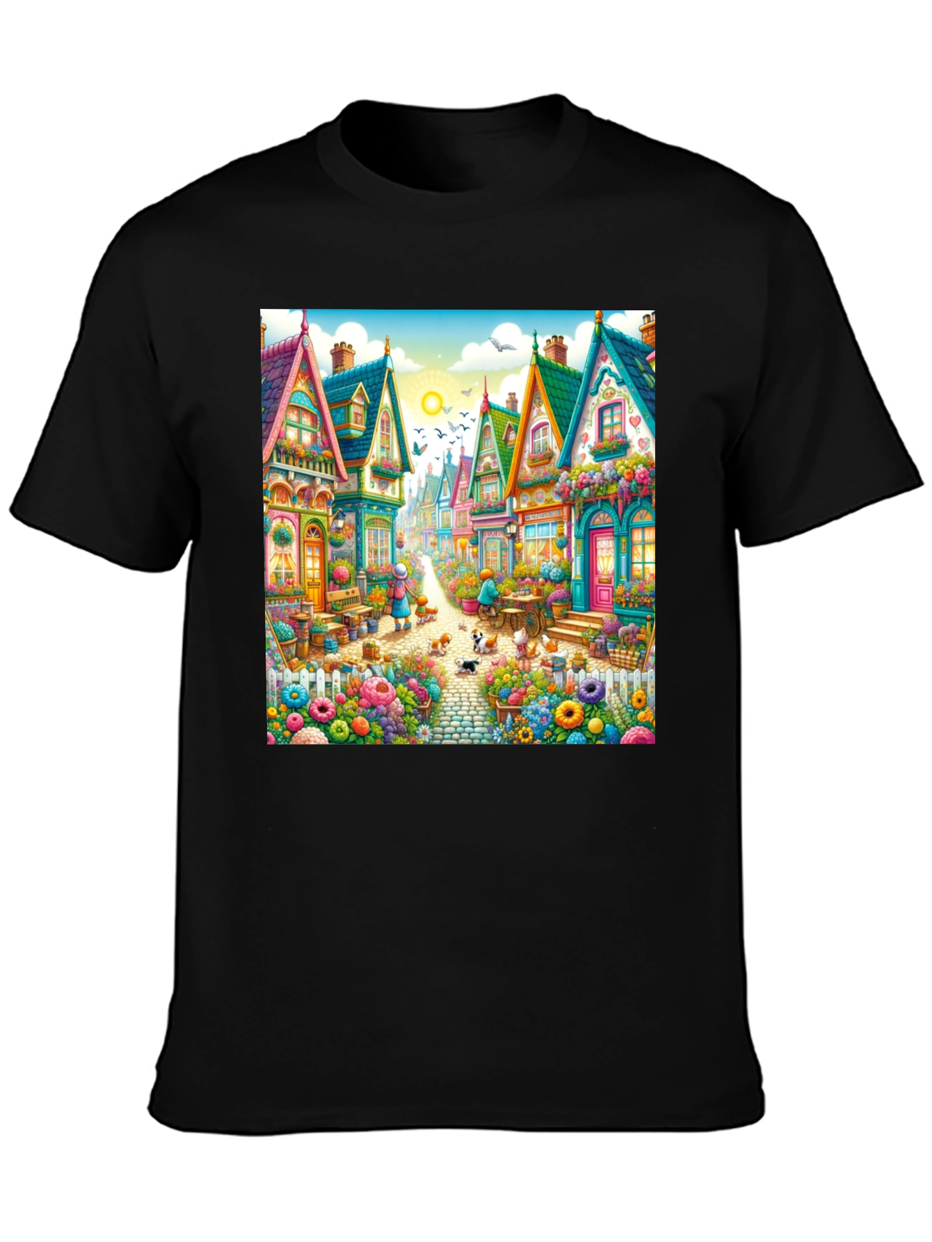 Black Whimsical Village T-Shirt - Colorful Town Design view 3