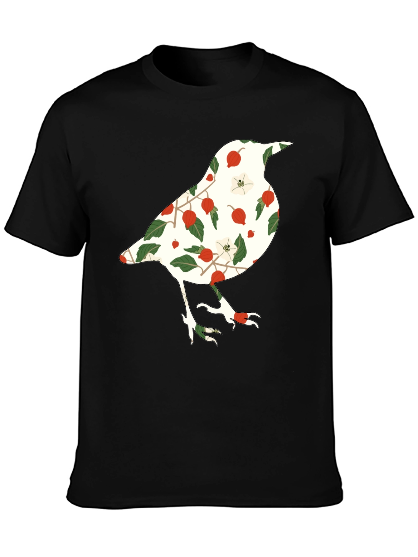 Black Floral Bird Graphic Tee - Black Casual T-Shirt view 3