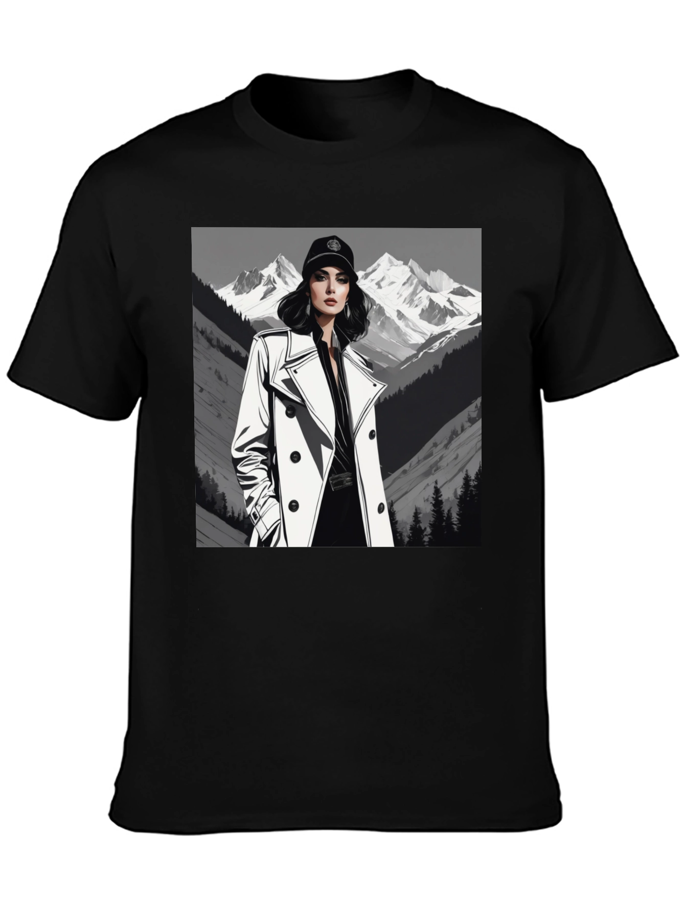 Black Stylish Woman Mountain Tee - Black Cotton Blend view 3