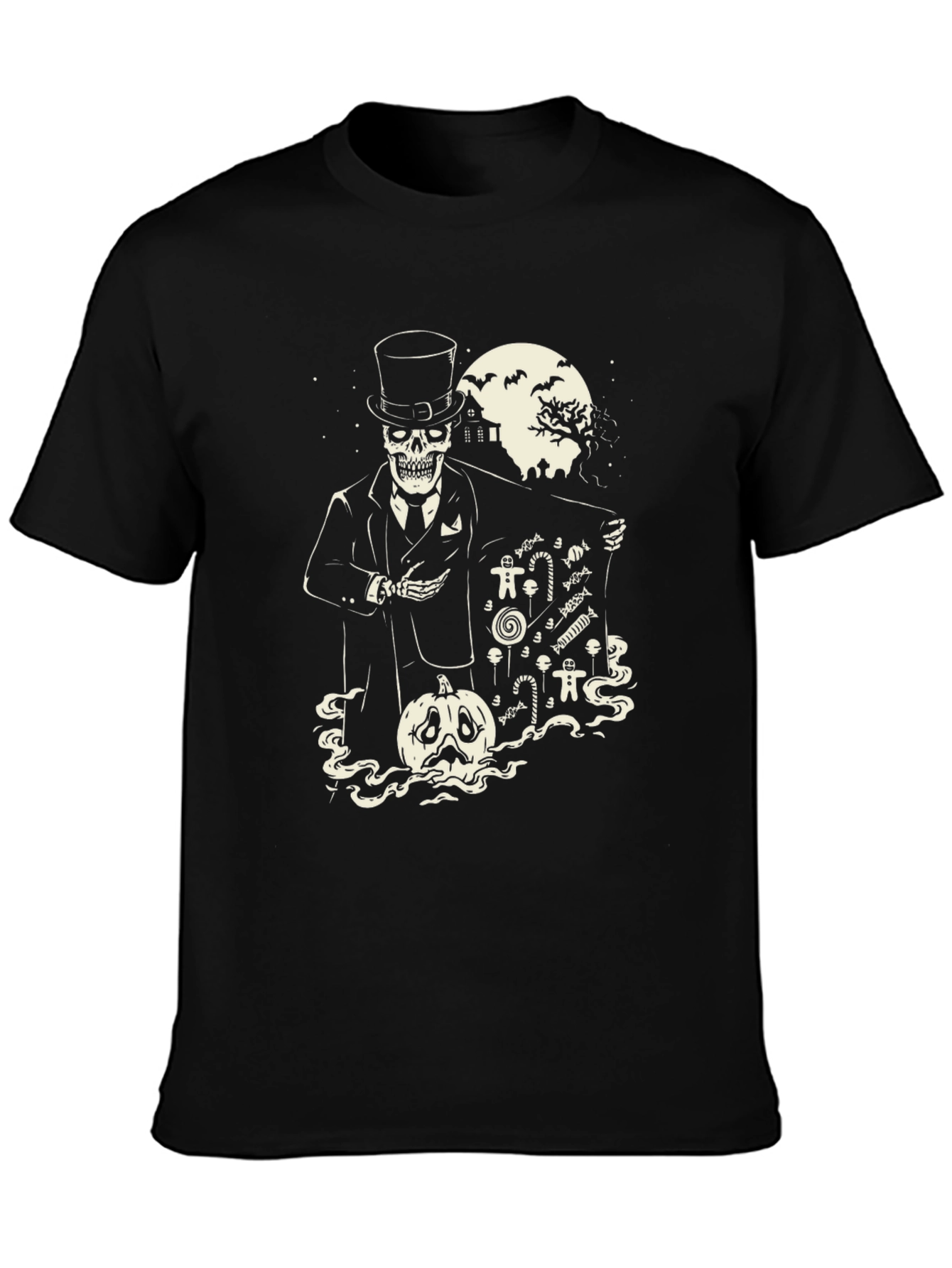 Black Spooky Skeleton Halloween T-Shirt - Candy Pumpkin Design view 3